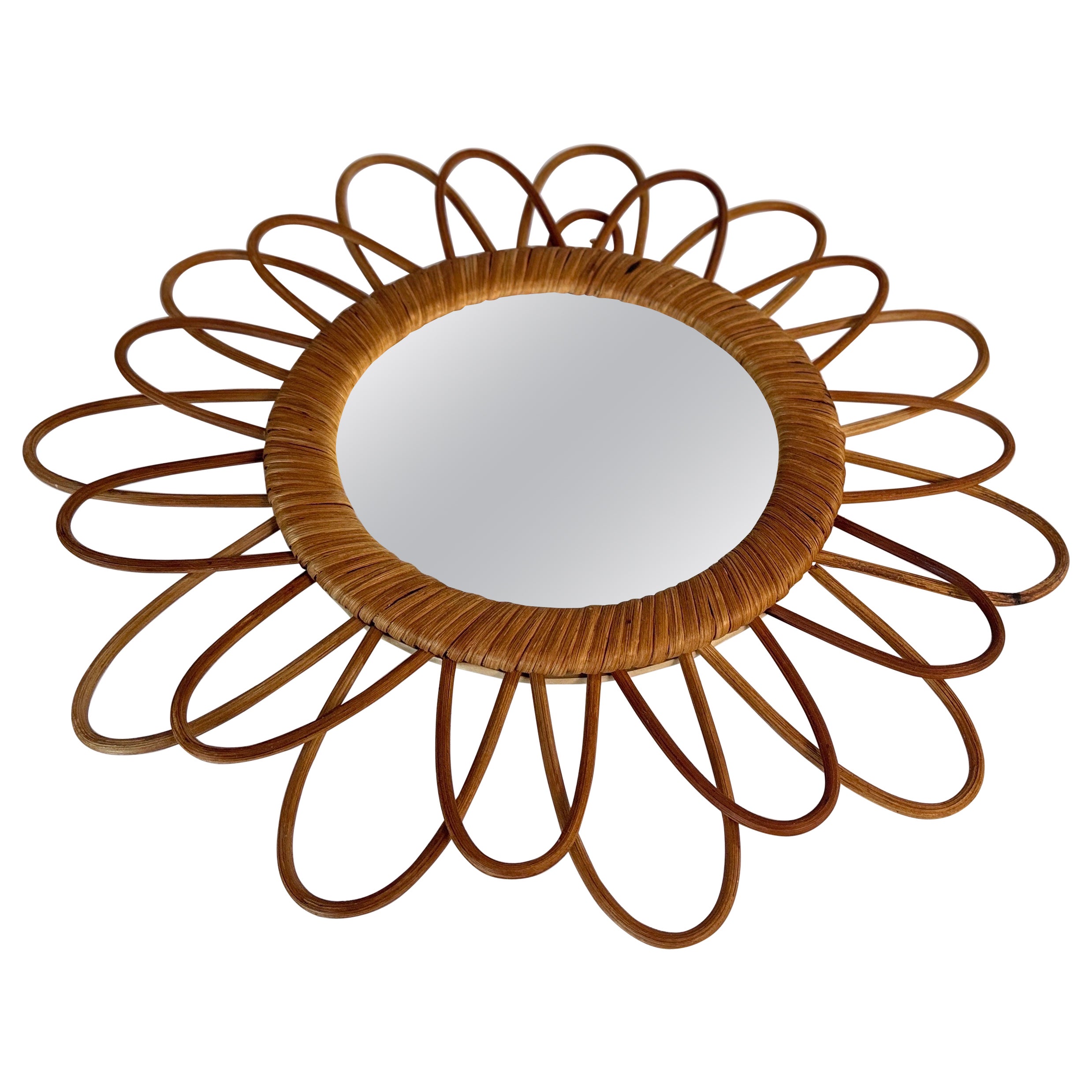 Midcentury French Riviera Rattan and Bamboo Rond Wall Mirror, Italy 1960s