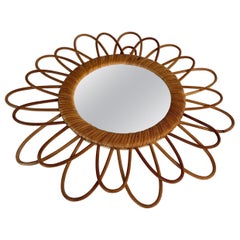 Midcentury French Riviera Rattan and Bamboo Rond Wall Mirror, Italy 1960s