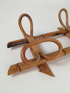 Midcentury French Riviera Rattan and Bamboo Wall Coat Rack Stand, Italy, 1960s