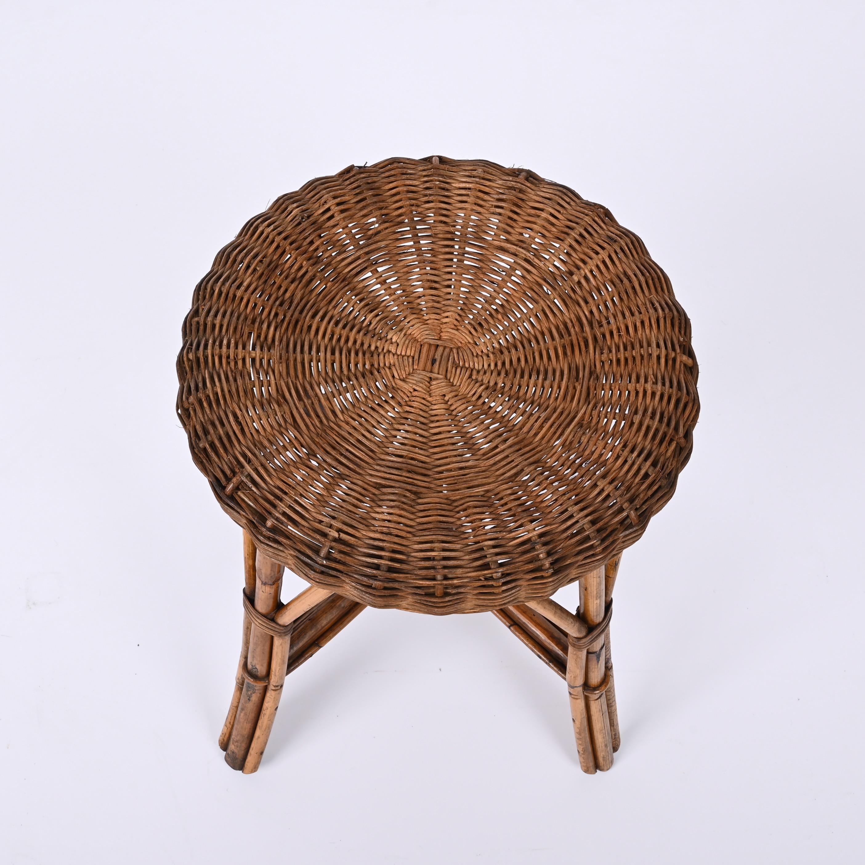Mid-Century French Riviera Rattan and Bamboo Wires Italian Stool, 1960s 4