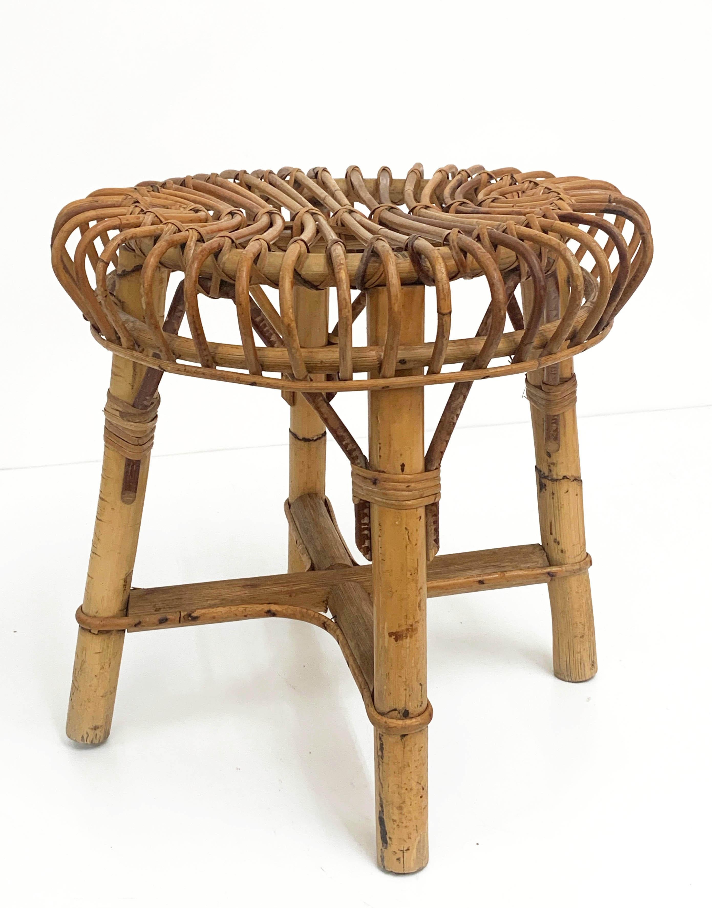 Midcentury French Riviera Rattan and Bamboo Wires Italian Stool, 1960s 6