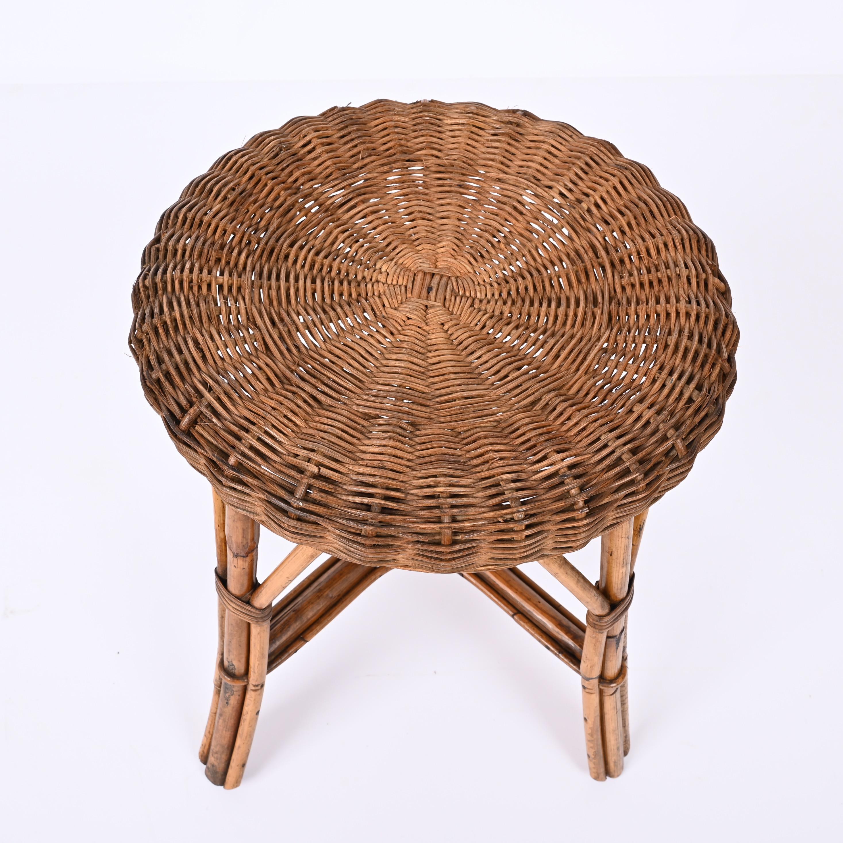 Mid-Century French Riviera Rattan and Bamboo Wires Italian Stool, 1960s 5