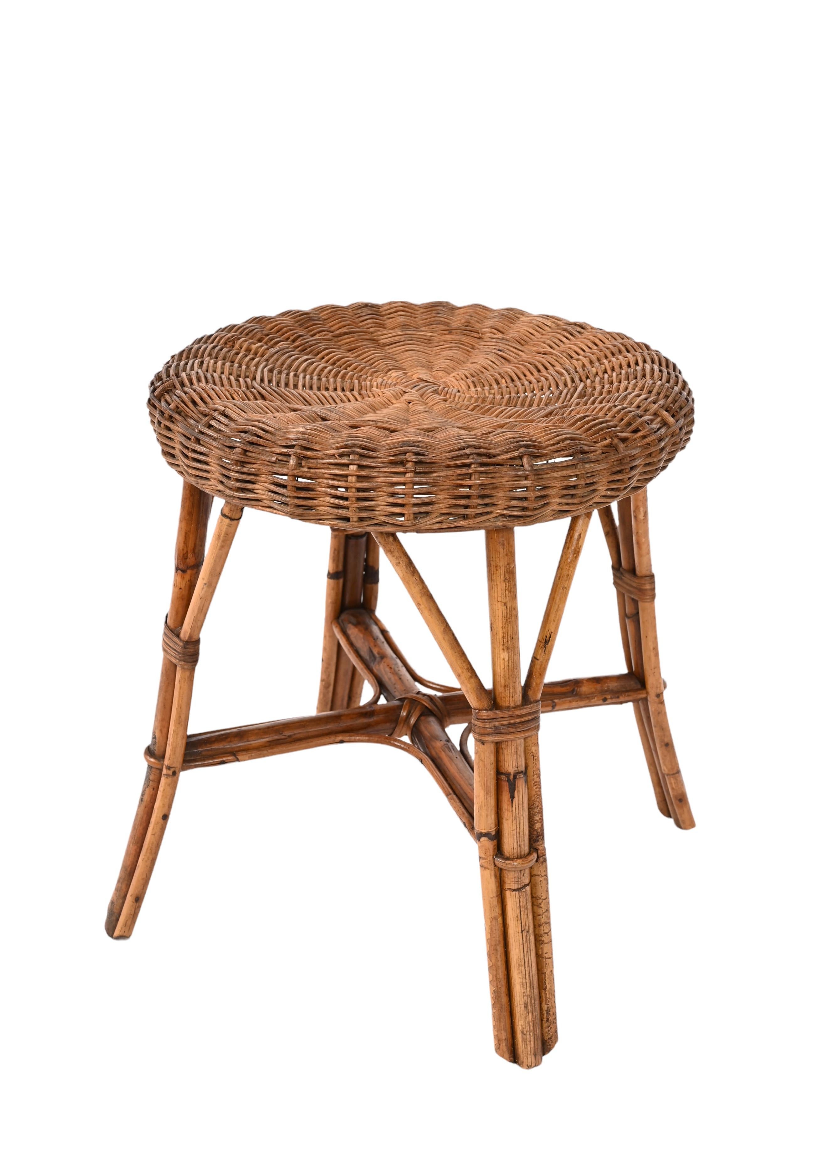 Mid-Century French Riviera Rattan and Bamboo Wires Italian Stool, 1960s 6