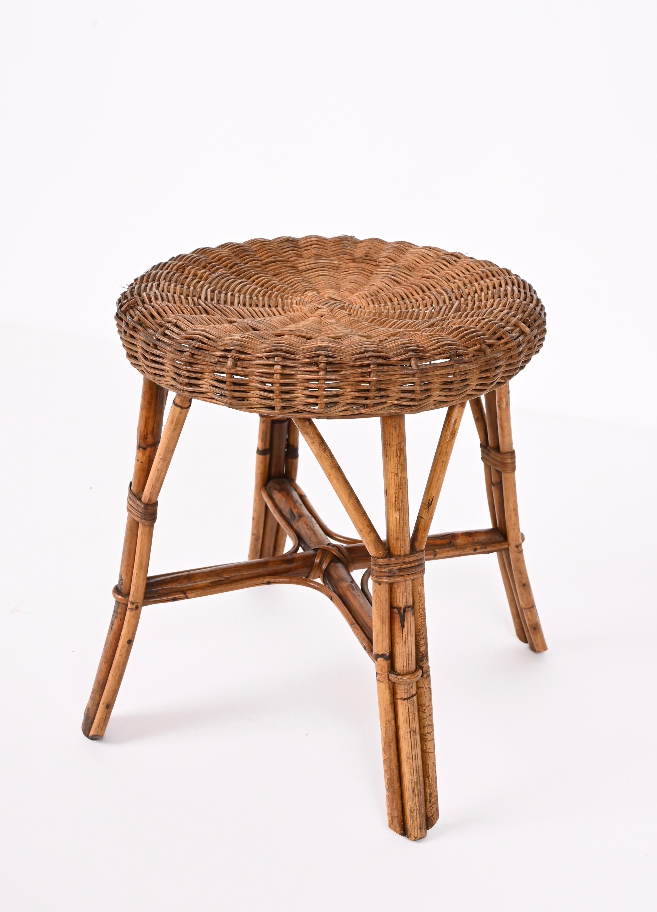Mid-Century French Riviera Rattan and Bamboo Wires Italian Stool, 1960s 7