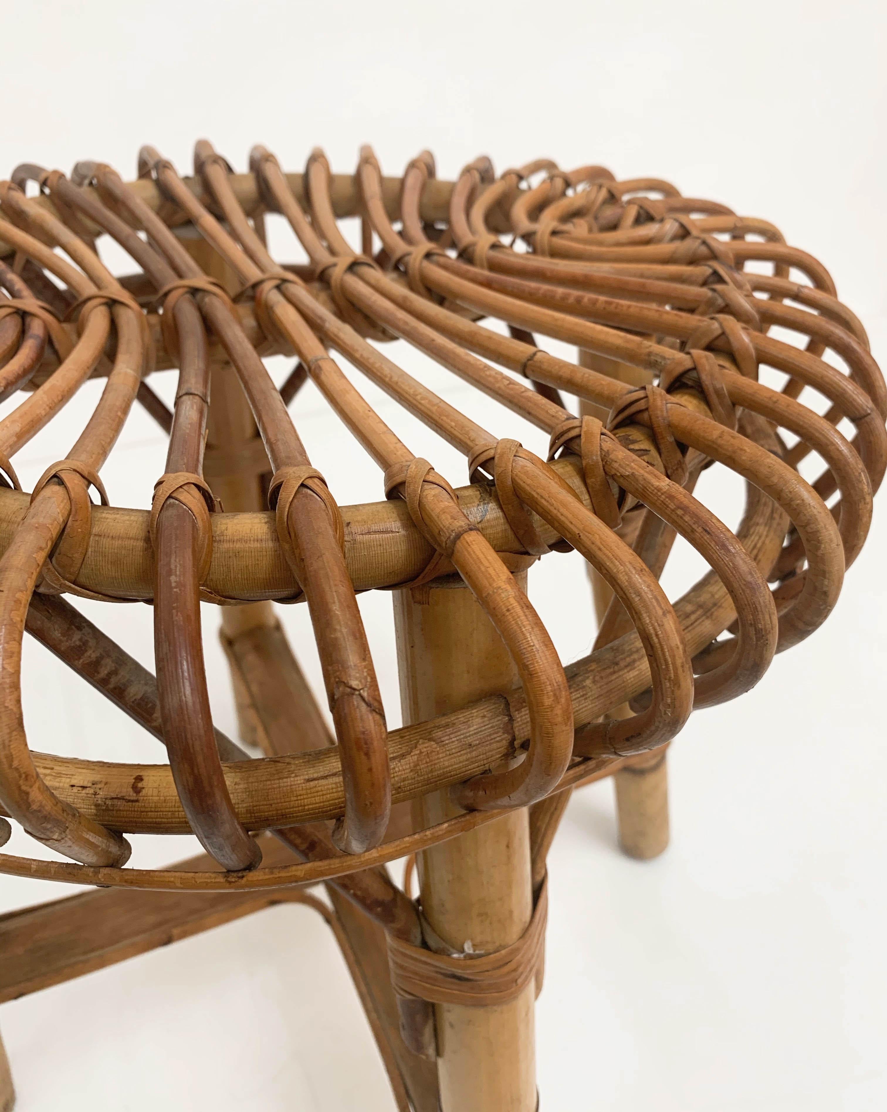 Midcentury French Riviera Rattan and Bamboo Wires Italian Stool, 1960s 9