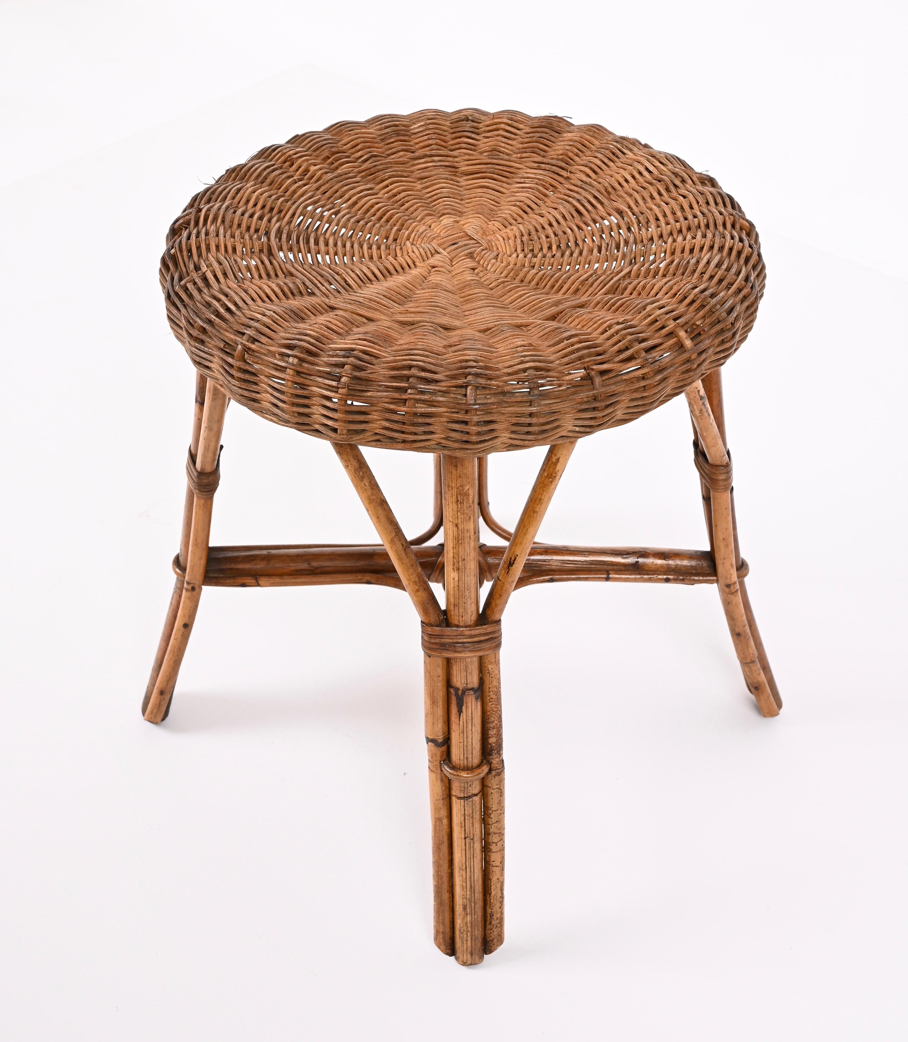 Mid-Century French Riviera Rattan and Bamboo Wires Italian Stool, 1960s 8