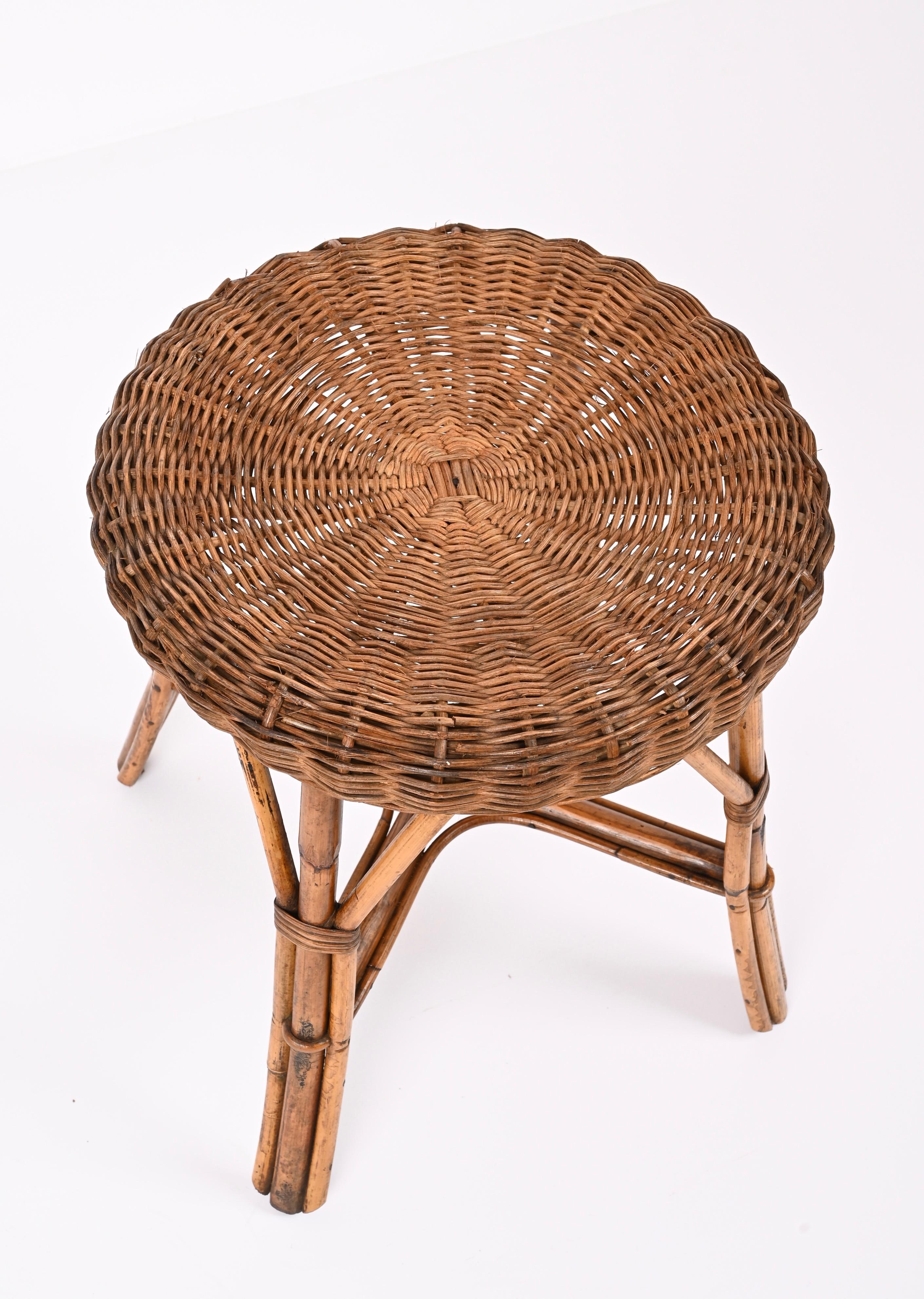 Mid-Century French Riviera Rattan and Bamboo Wires Italian Stool, 1960s 9