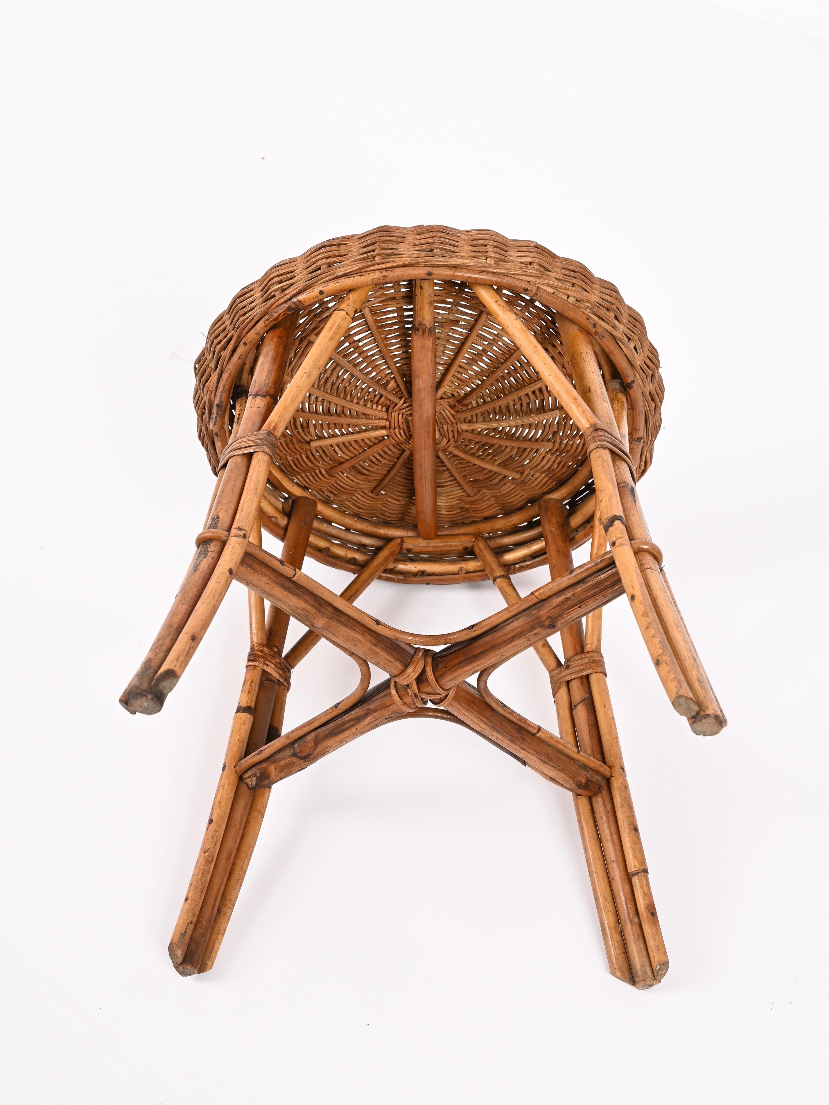 Mid-Century French Riviera Rattan and Bamboo Wires Italian Stool, 1960s 10