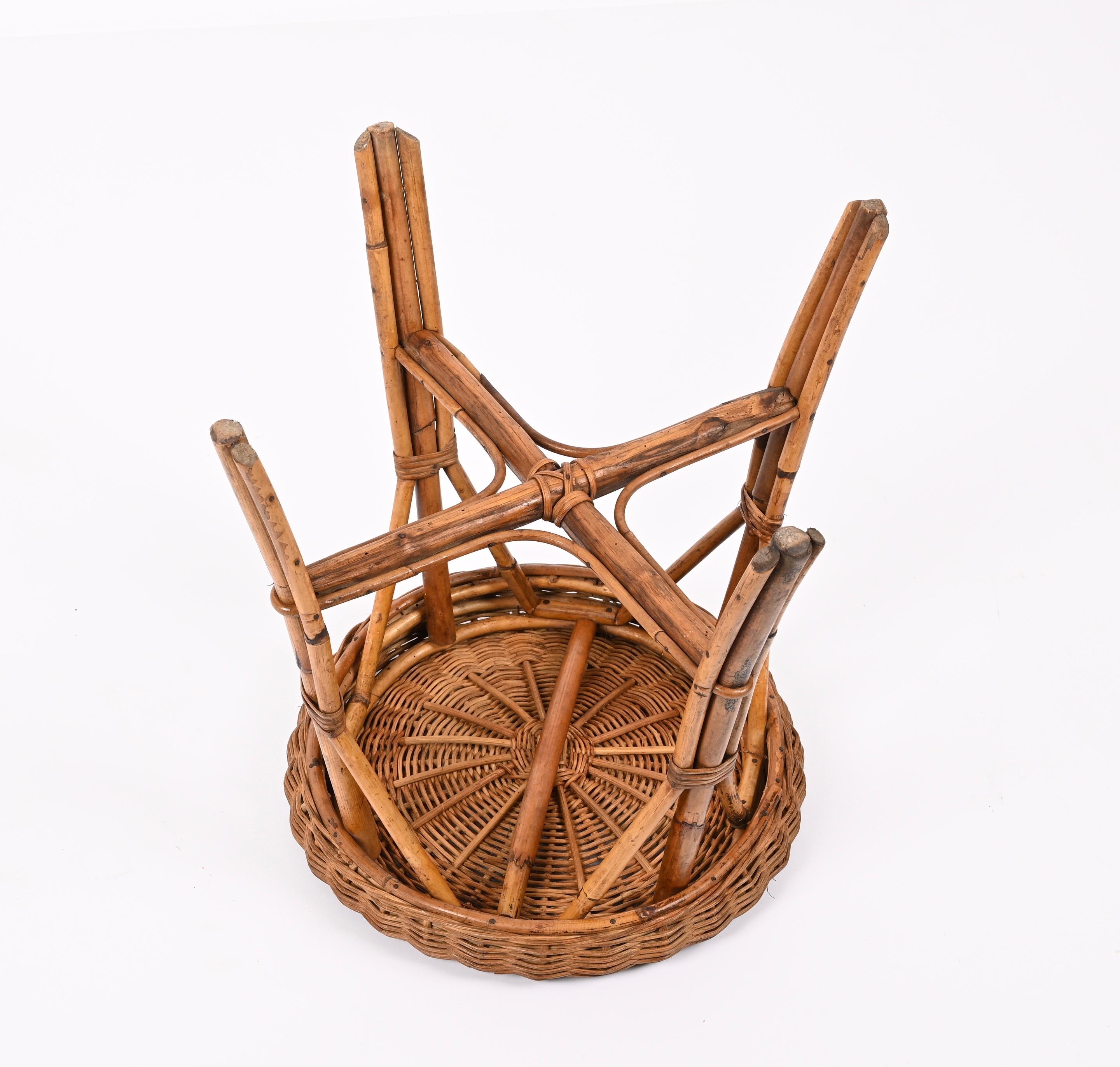 Mid-Century French Riviera Rattan and Bamboo Wires Italian Stool, 1960s 11