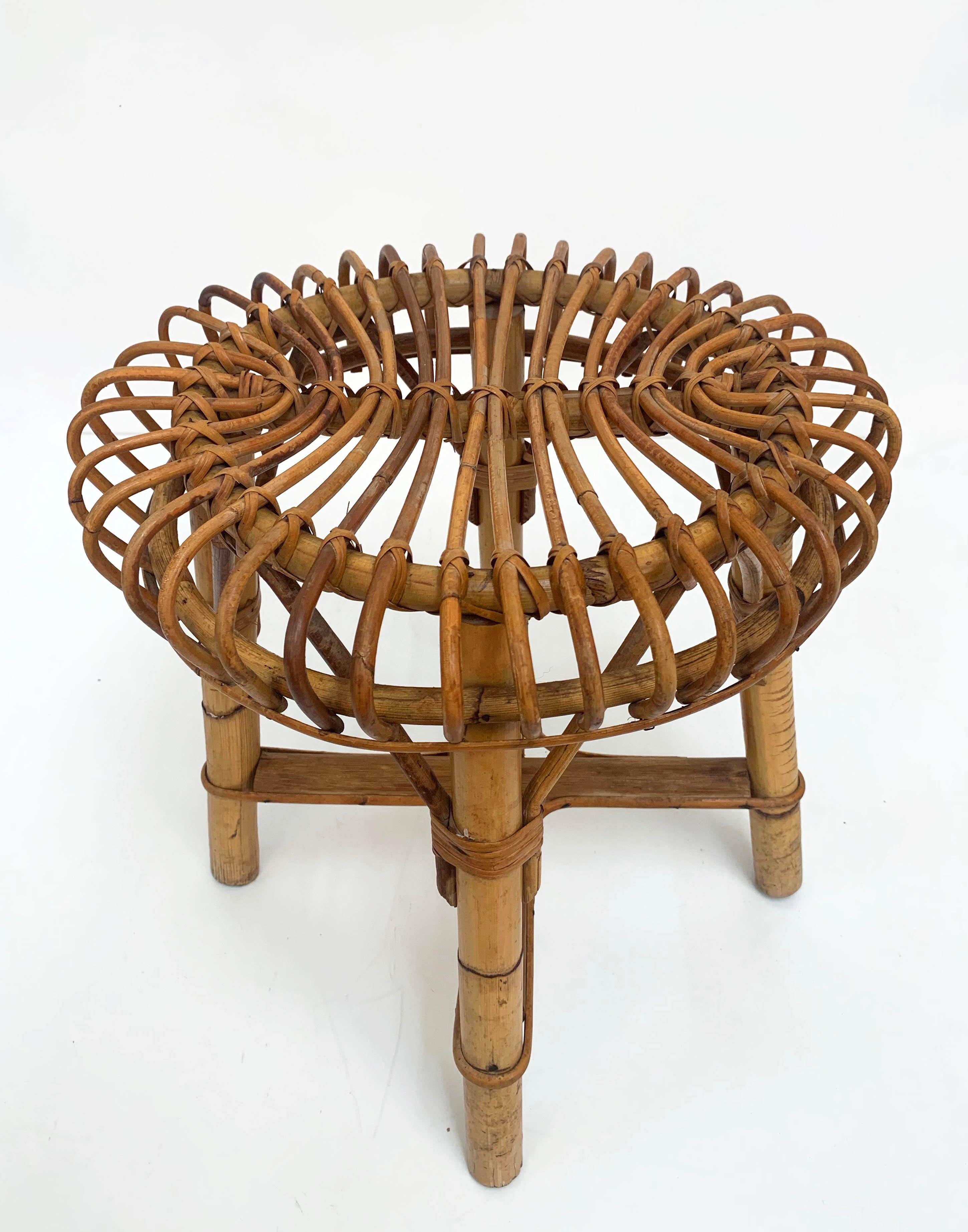 Mid-Century Modern Midcentury French Riviera Rattan and Bamboo Wires Italian Stool, 1960s