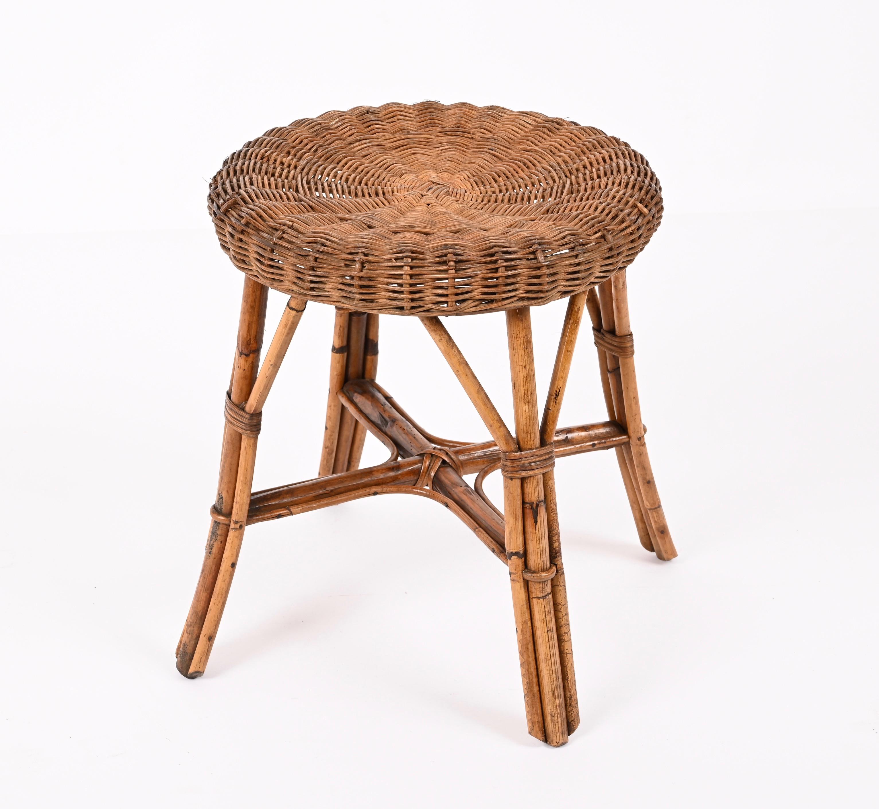 Mid-Century Modern Mid-Century French Riviera Rattan and Bamboo Wires Italian Stool, 1960s