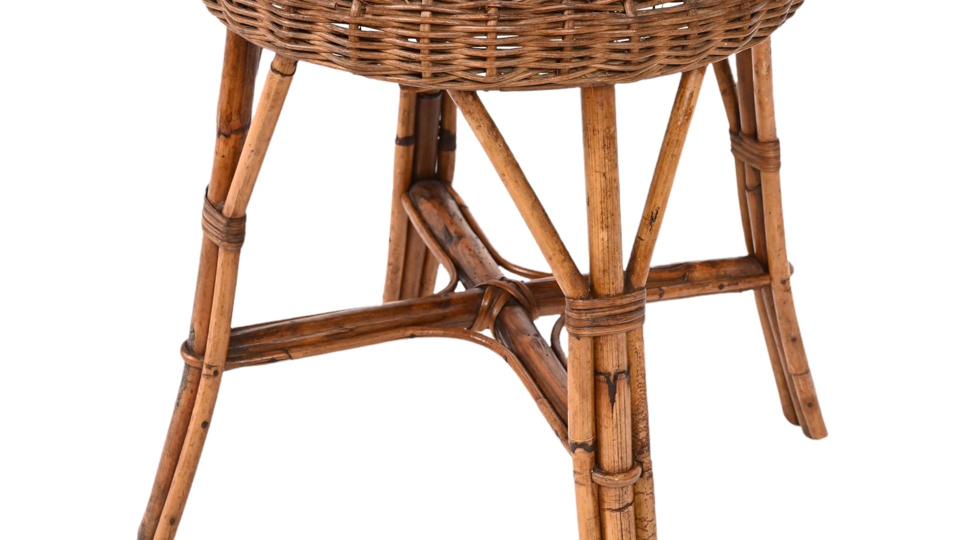 20th Century Mid-Century French Riviera Rattan and Bamboo Wires Italian Stool, 1960s