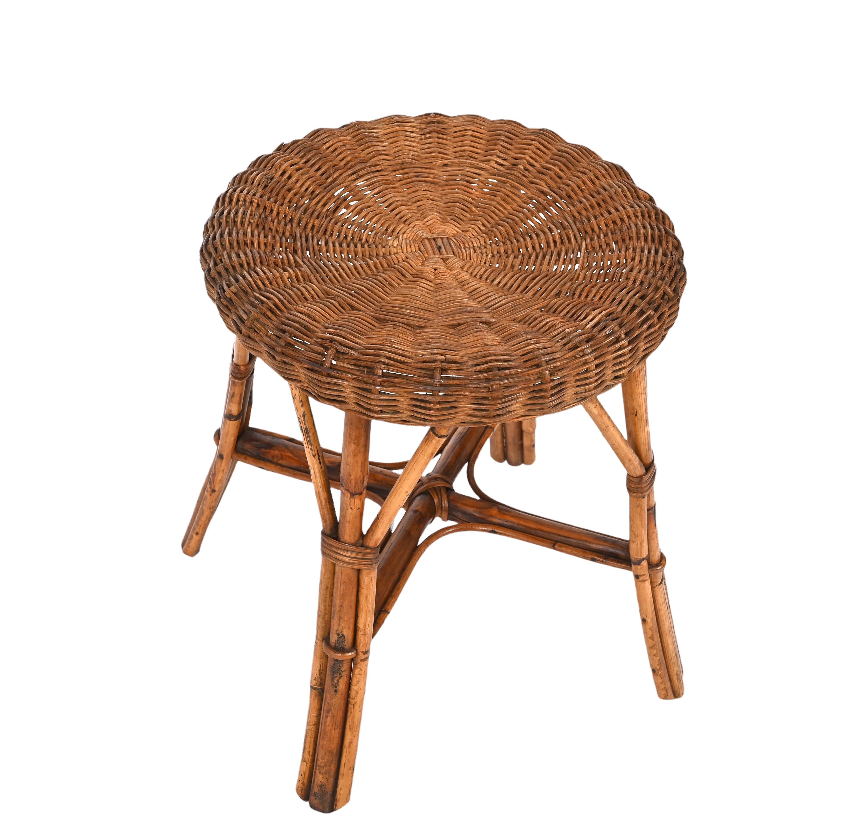 Wicker Mid-Century French Riviera Rattan and Bamboo Wires Italian Stool, 1960s