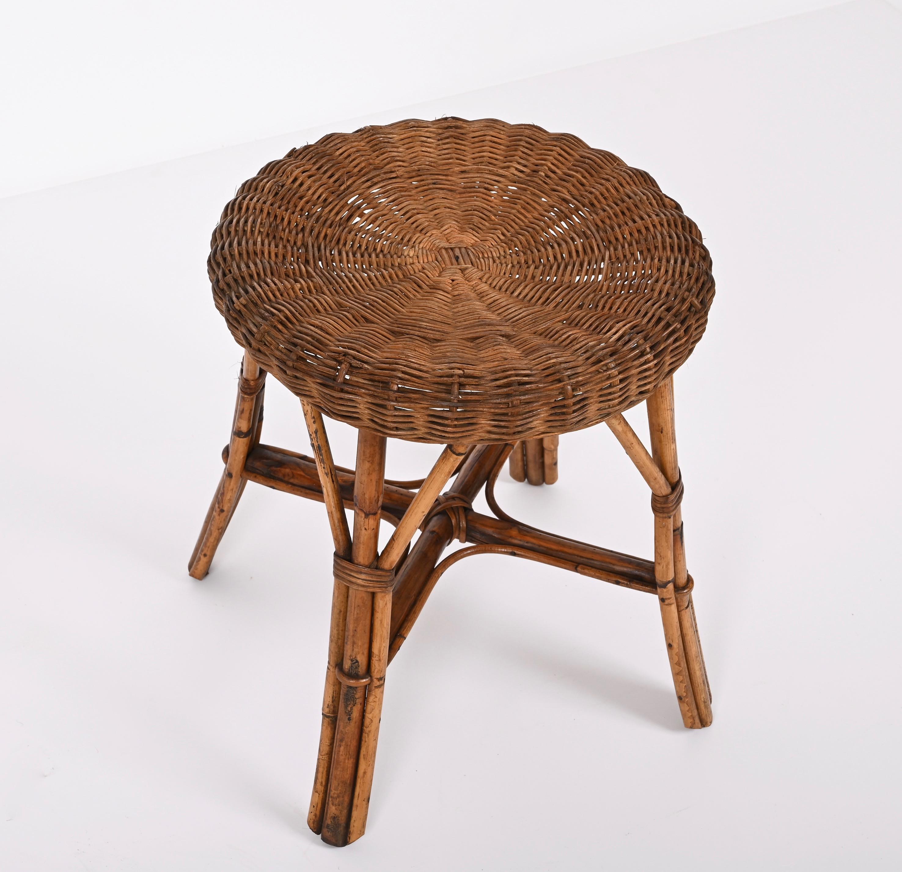 Mid-Century French Riviera Rattan and Bamboo Wires Italian Stool, 1960s 1