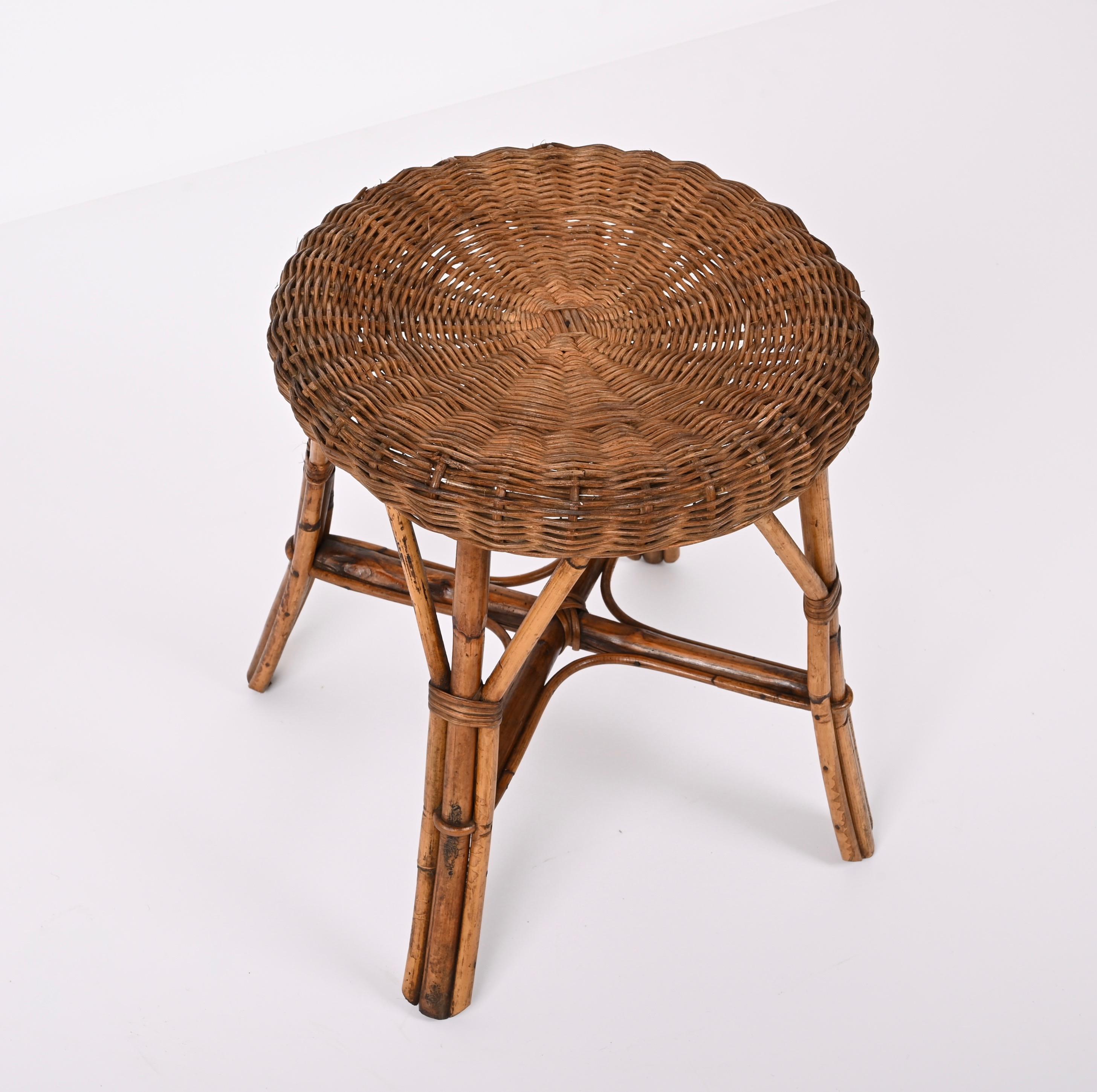 Mid-Century French Riviera Rattan and Bamboo Wires Italian Stool, 1960s 3