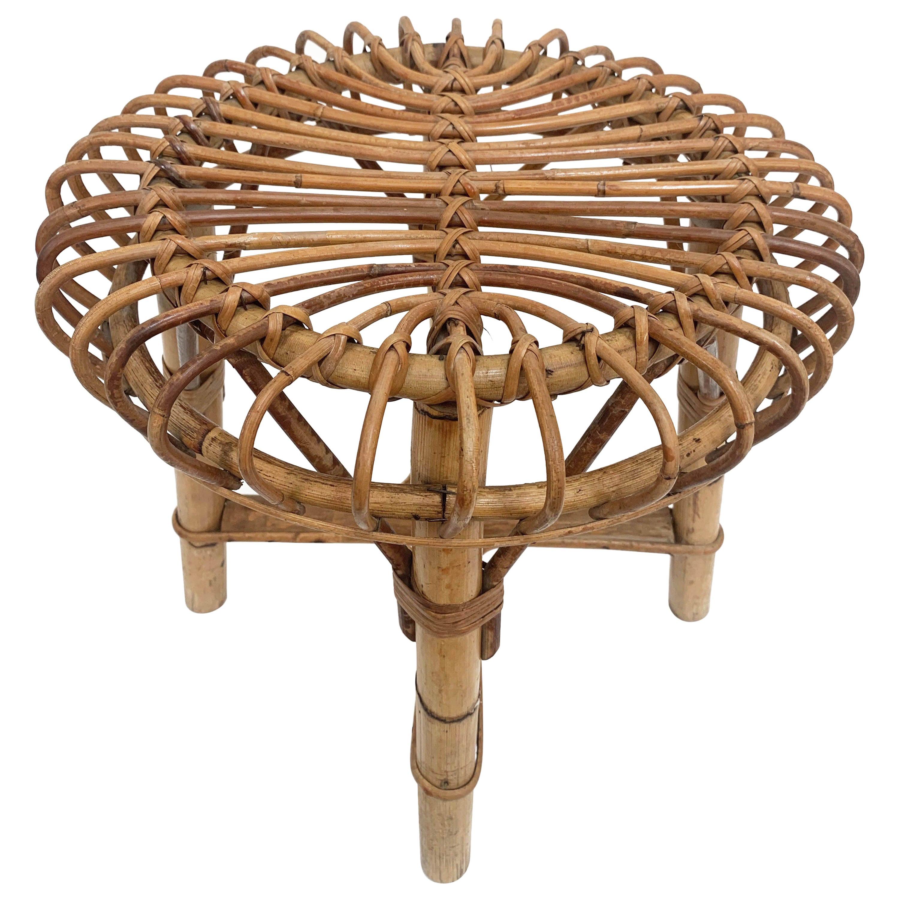 Midcentury French Riviera Rattan and Bamboo Wires Italian Stool, 1960s