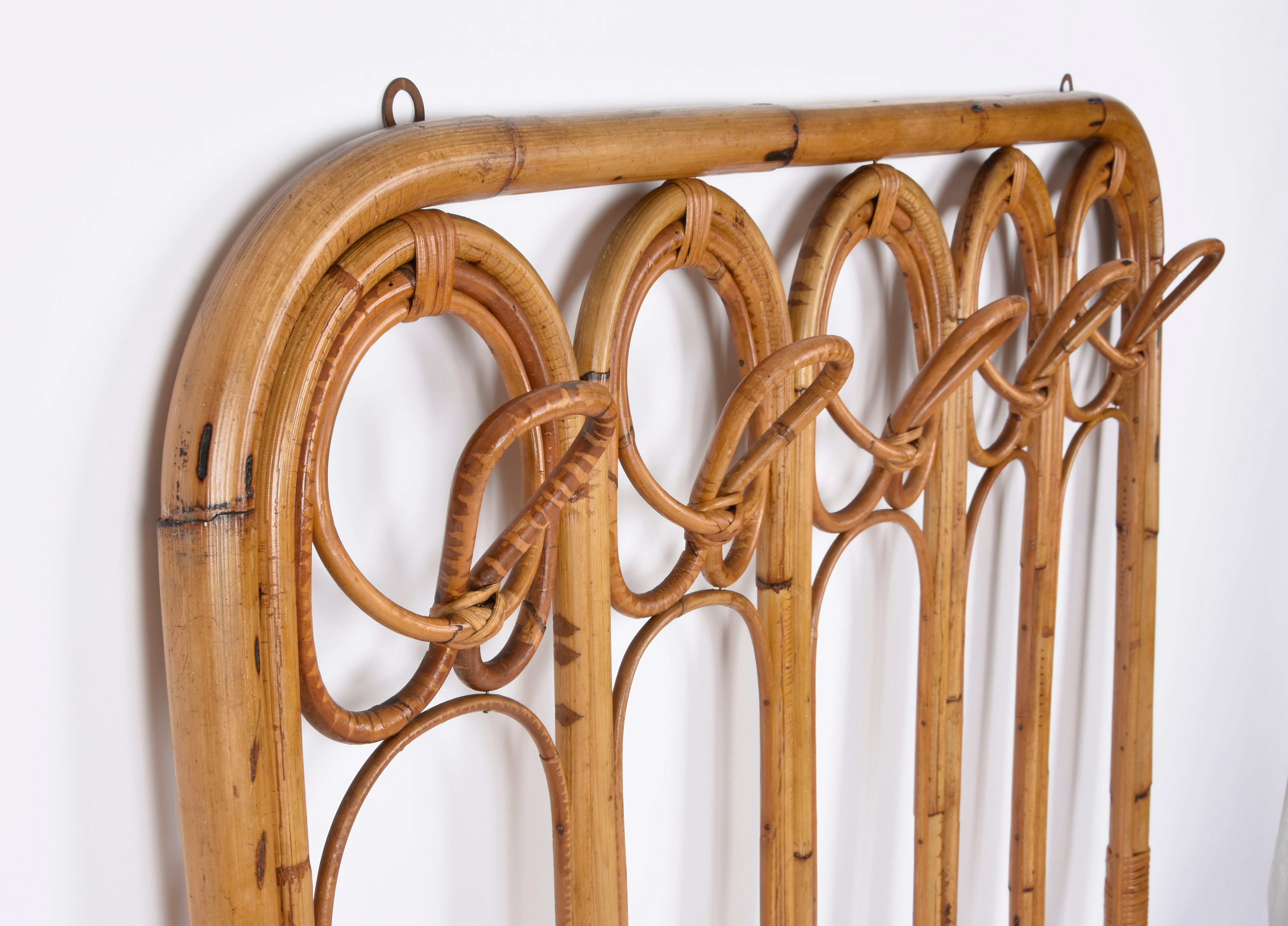 Midcentury French Riviera Rattan and Curved Bamboo Italian Coat Rack, 1960s 10