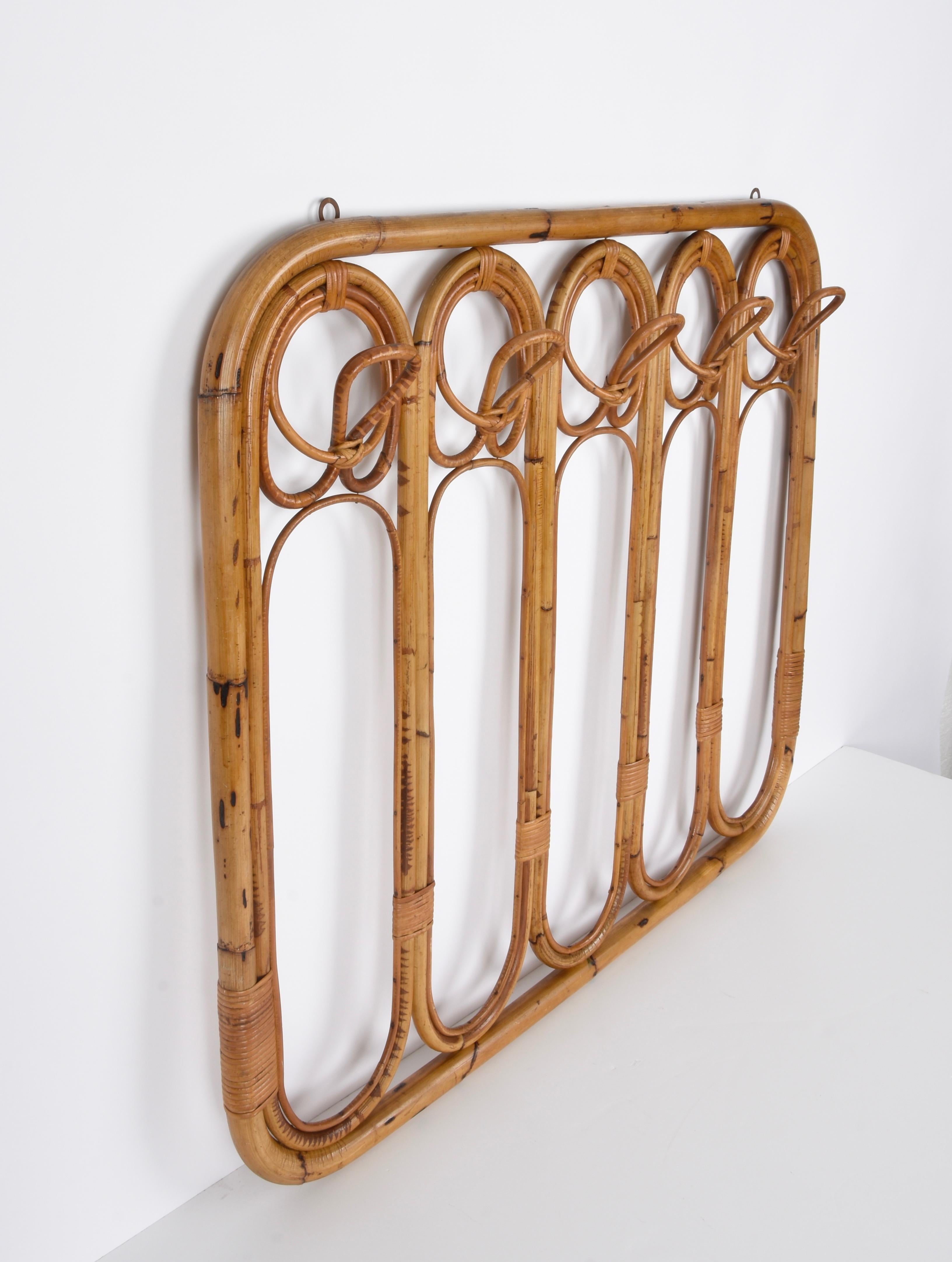 Midcentury French Riviera Rattan and Curved Bamboo Italian Coat Rack, 1960s 1