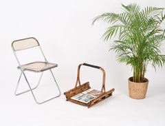 Midcentury French Riviera Rattan and Leather Italian Magazine Rack, 1960s