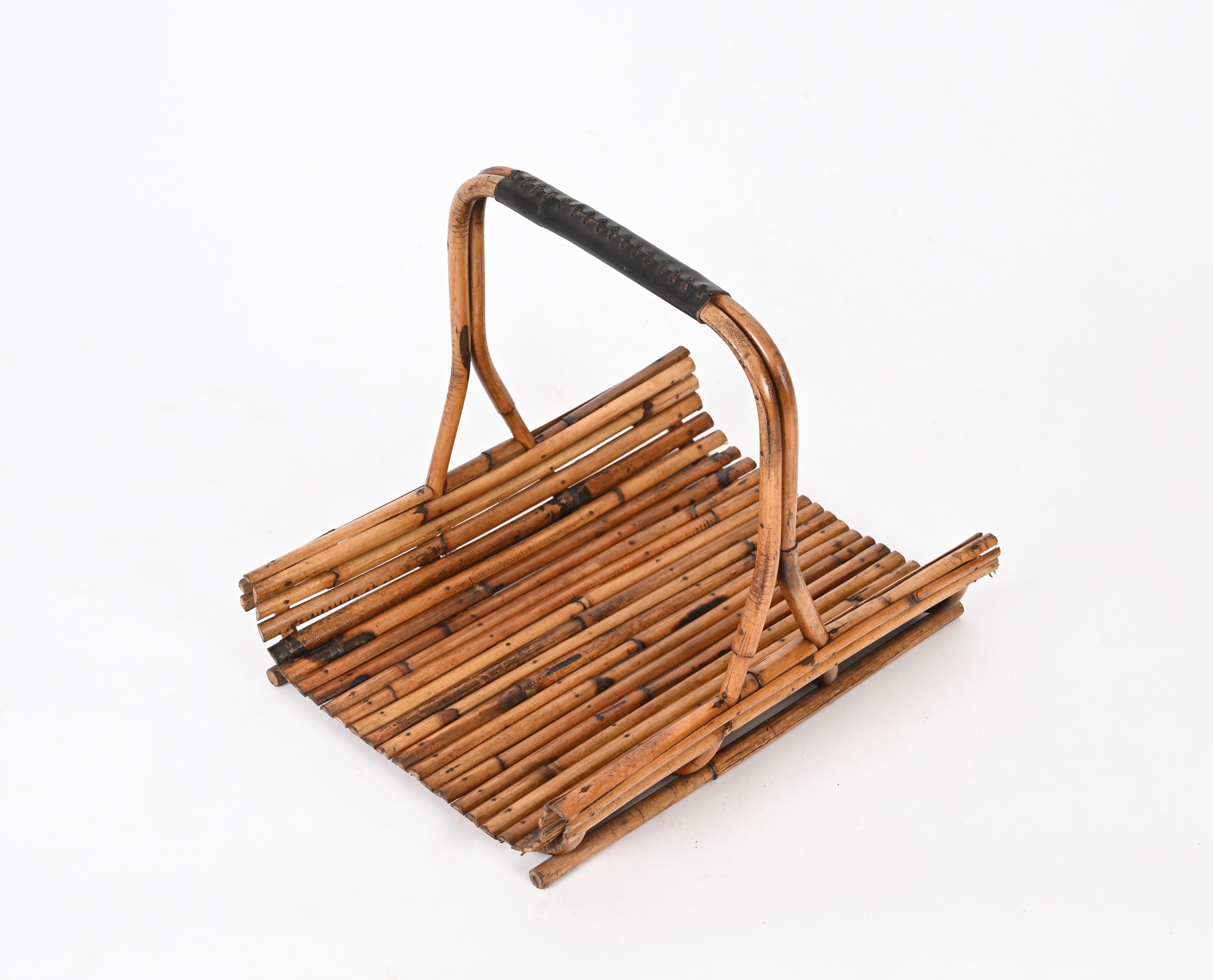 Hand-Crafted Midcentury French Riviera Rattan and Leather Italian Magazine Rack, 1960s For Sale