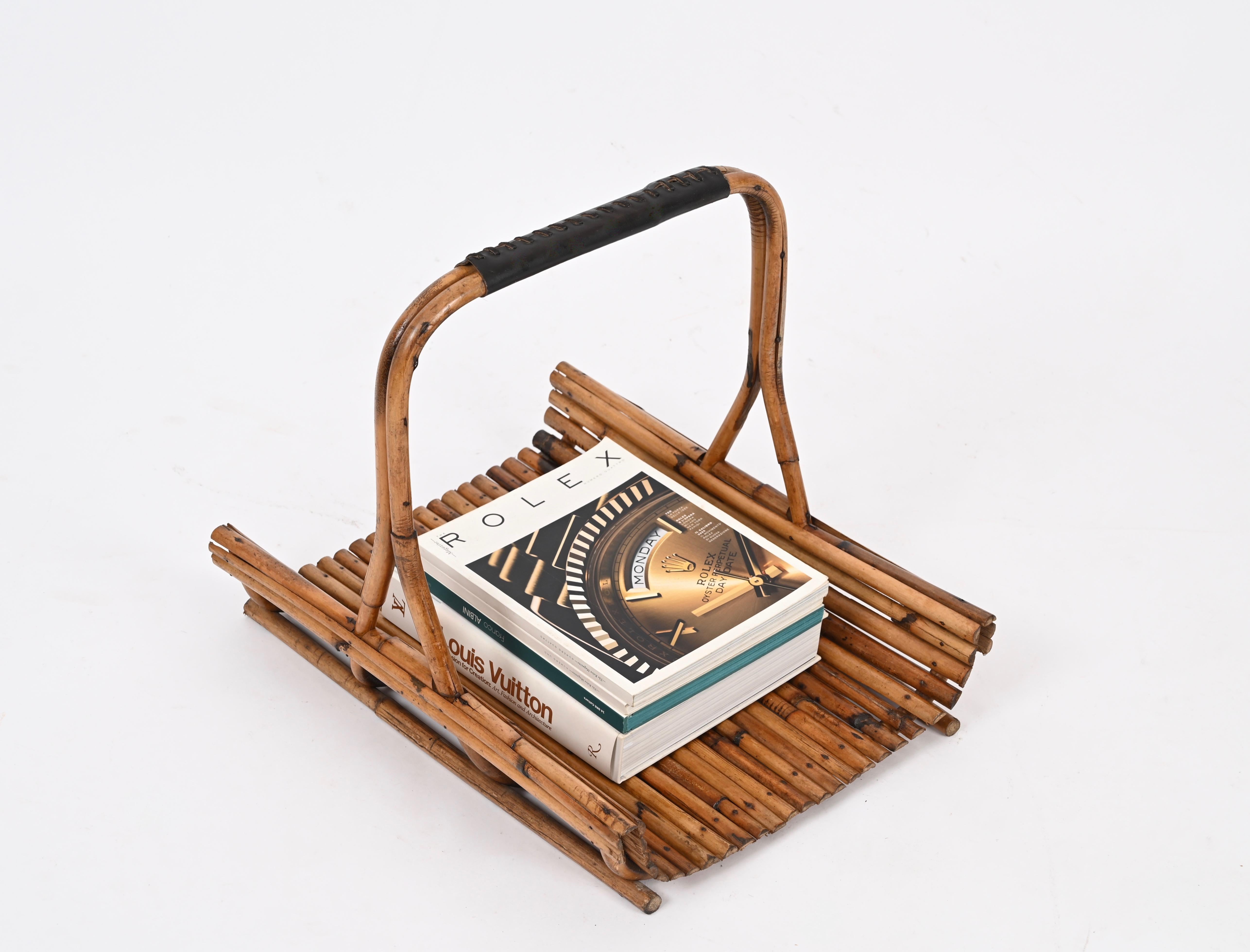 Mid-20th Century Midcentury French Riviera Rattan and Leather Italian Magazine Rack, 1960s For Sale