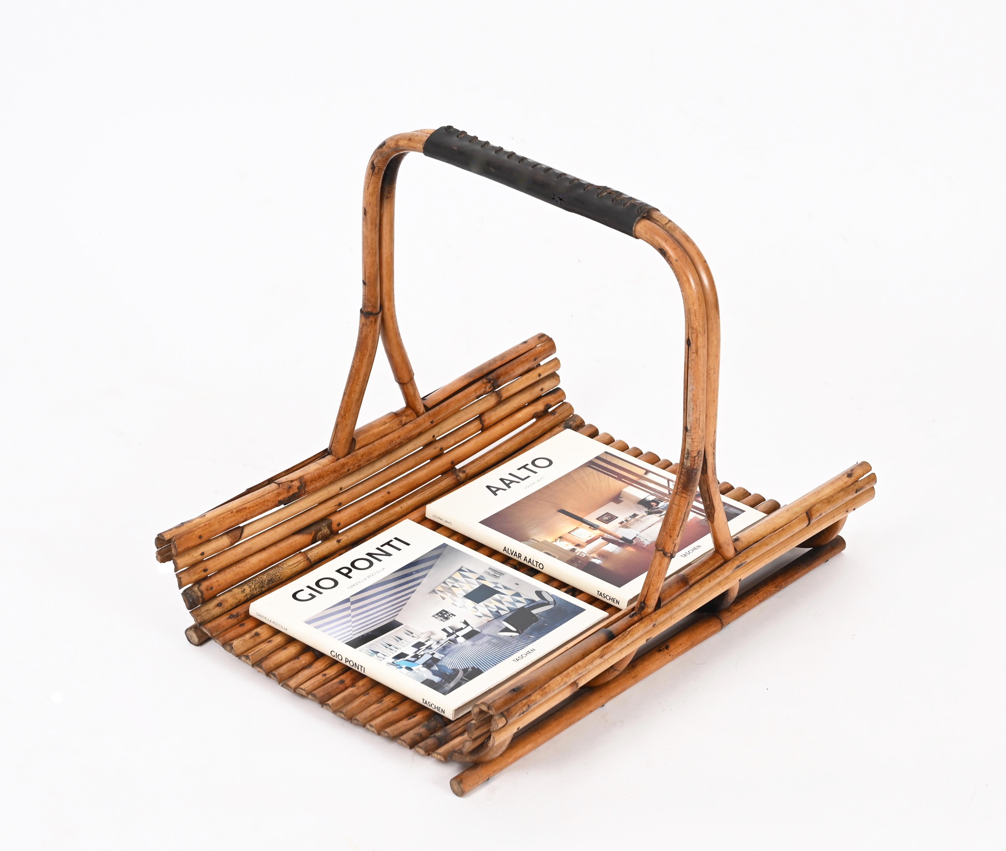 Midcentury French Riviera Rattan and Leather Italian Magazine Rack, 1960s For Sale 1
