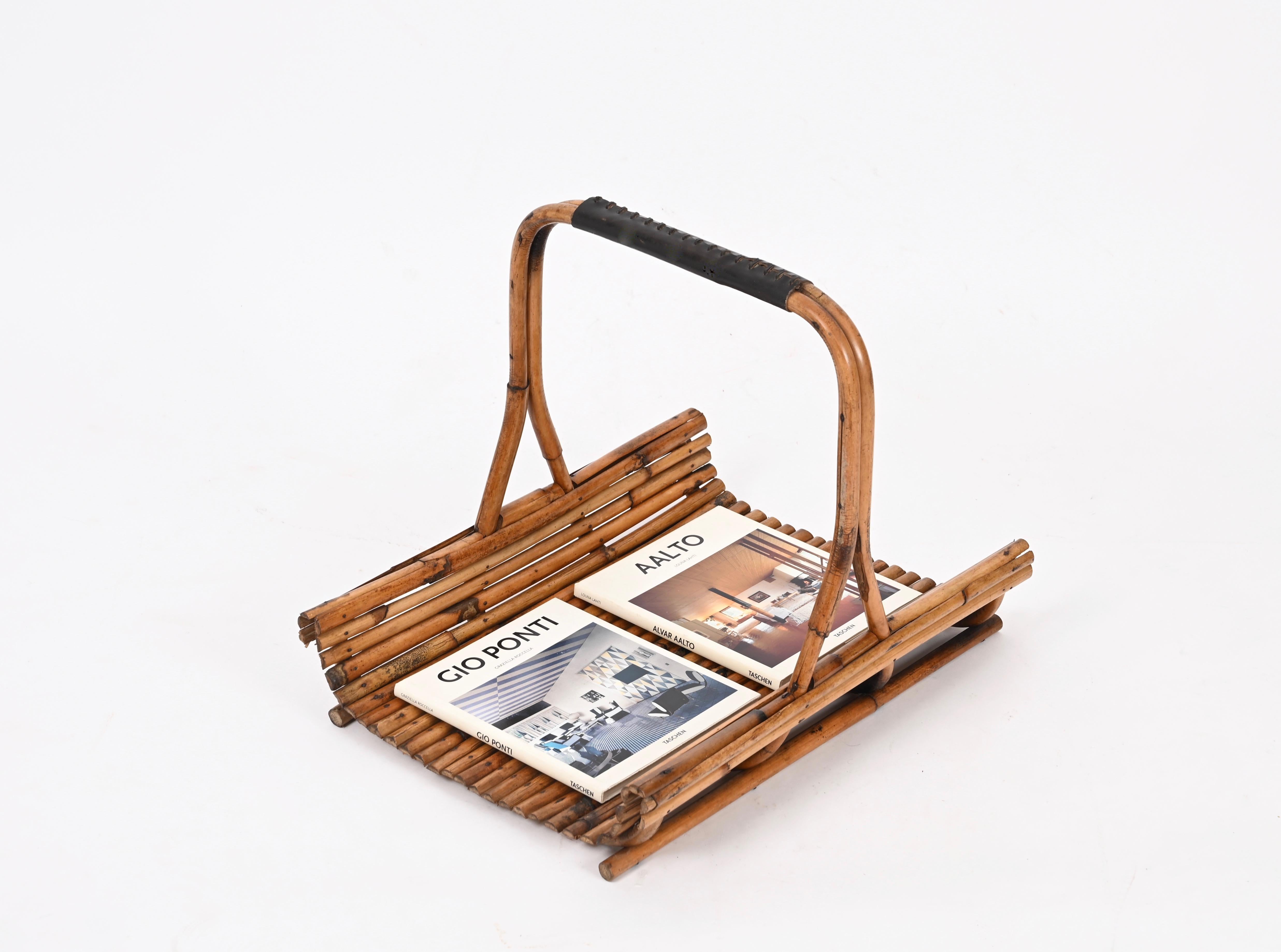 Midcentury French Riviera Rattan and Leather Italian Magazine Rack, 1960s For Sale 2