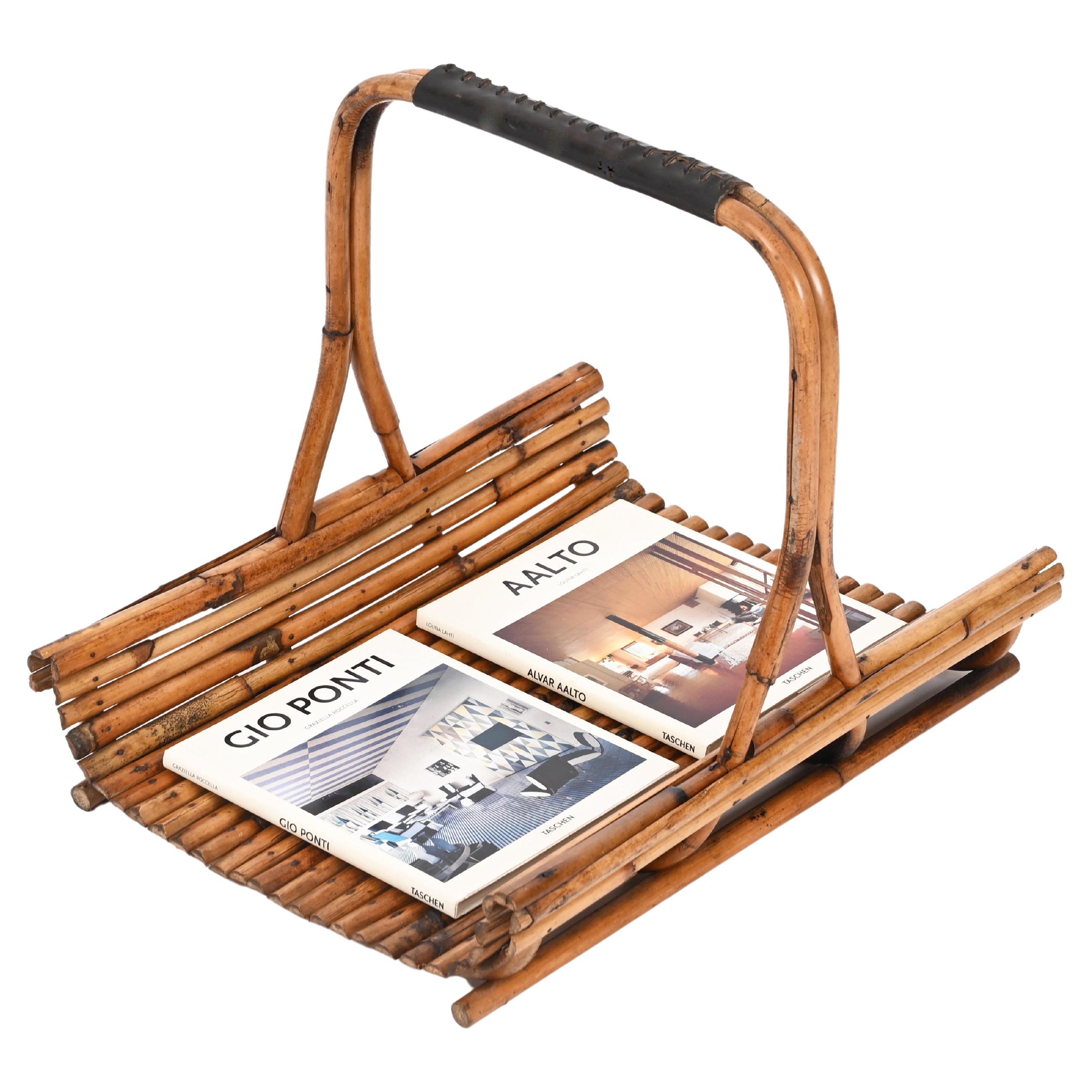 Midcentury French Riviera Rattan and Leather Italian Magazine Rack, 1960s For Sale