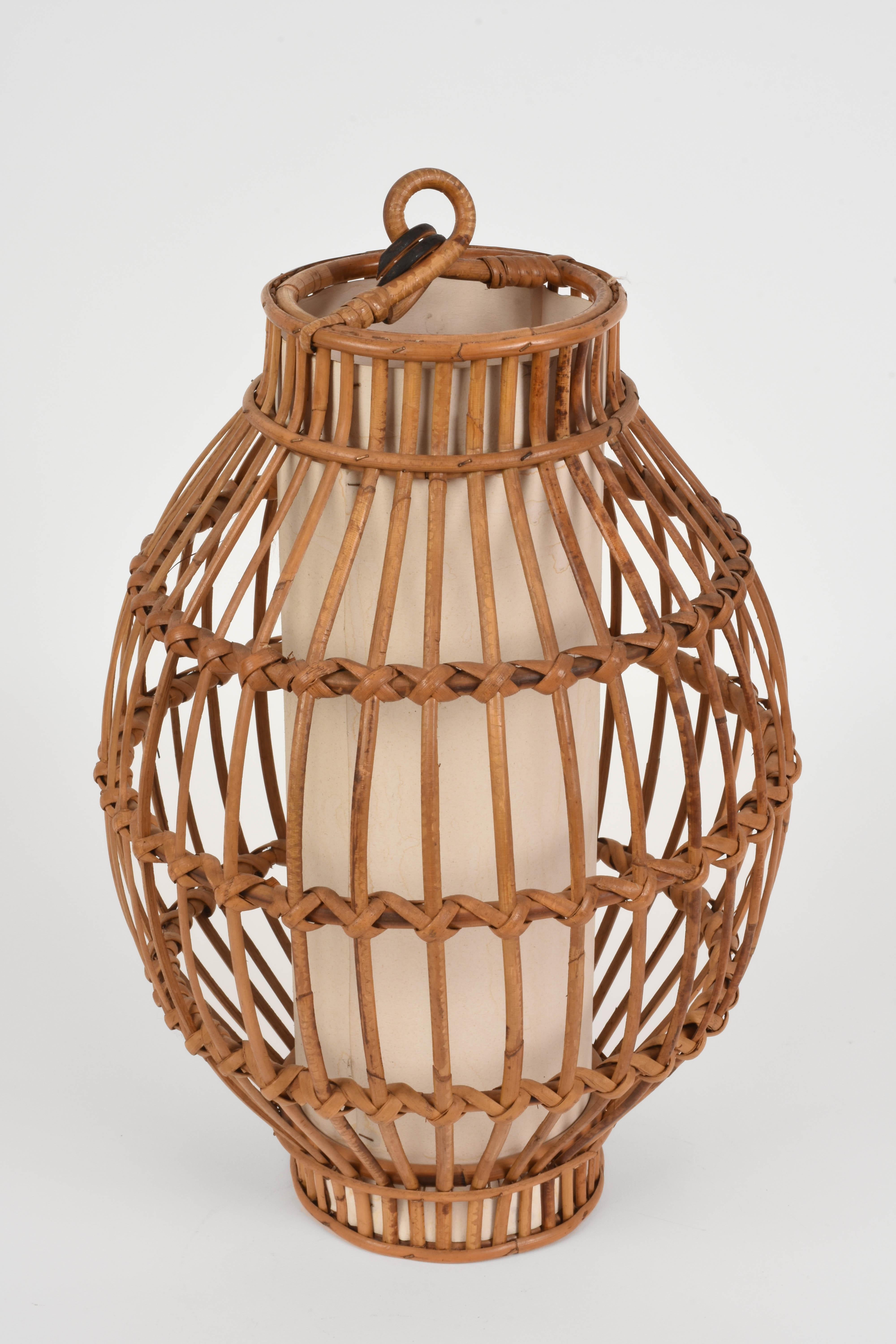 Bamboo Midcentury French Riviera Rattan and Wicker Italian Chandelier, 1960s