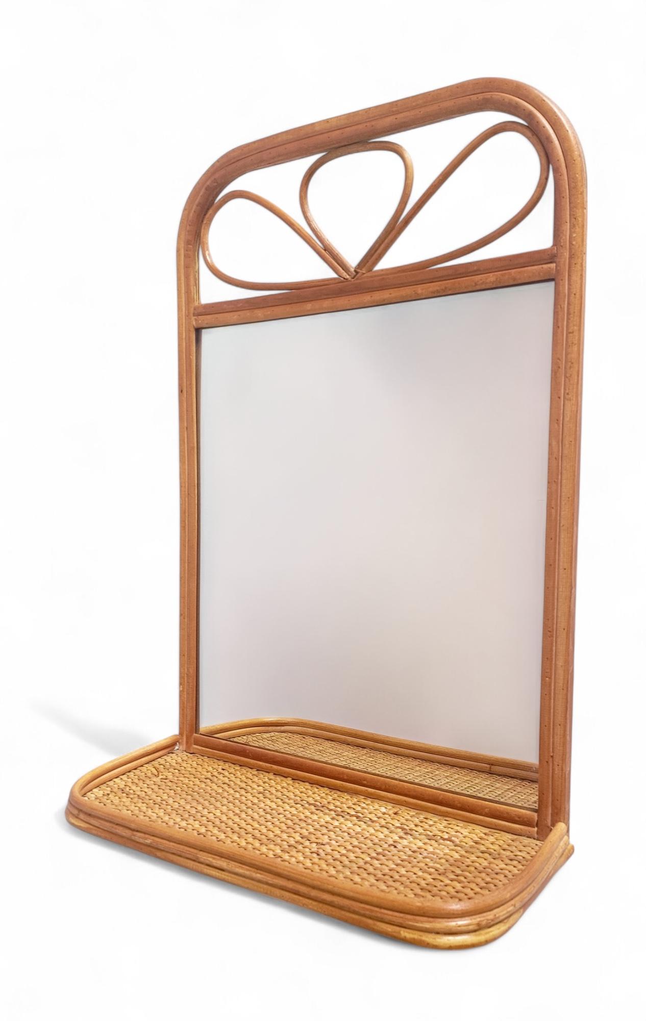 Midcentury French Riviera Rattan and Wicker Mirror with Shelf, Spain, 1960s–70s im Angebot 2
