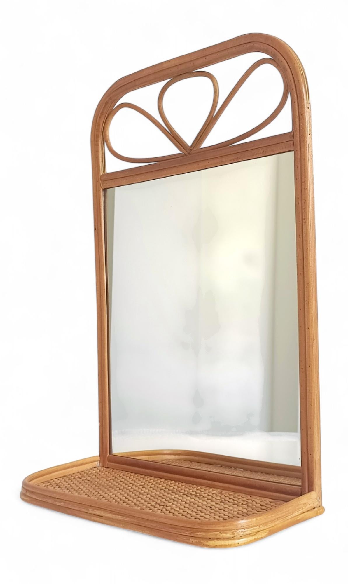 Midcentury French Riviera Rattan and Wicker Mirror with Shelf, Spain, 1960s–70s im Angebot 4
