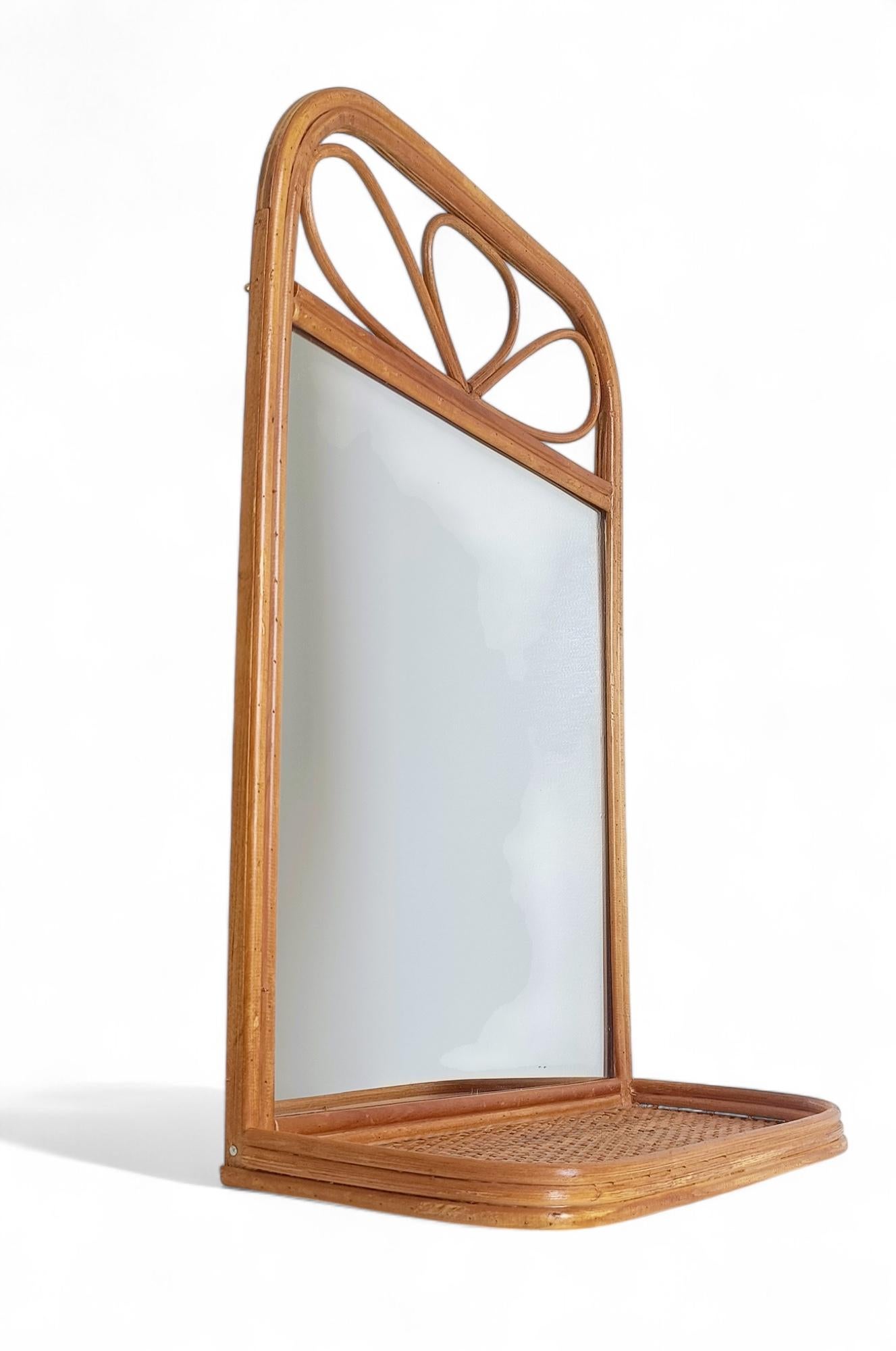 Midcentury French Riviera Rattan and Wicker Mirror with Shelf, Spain, 1960s–70s im Angebot 6
