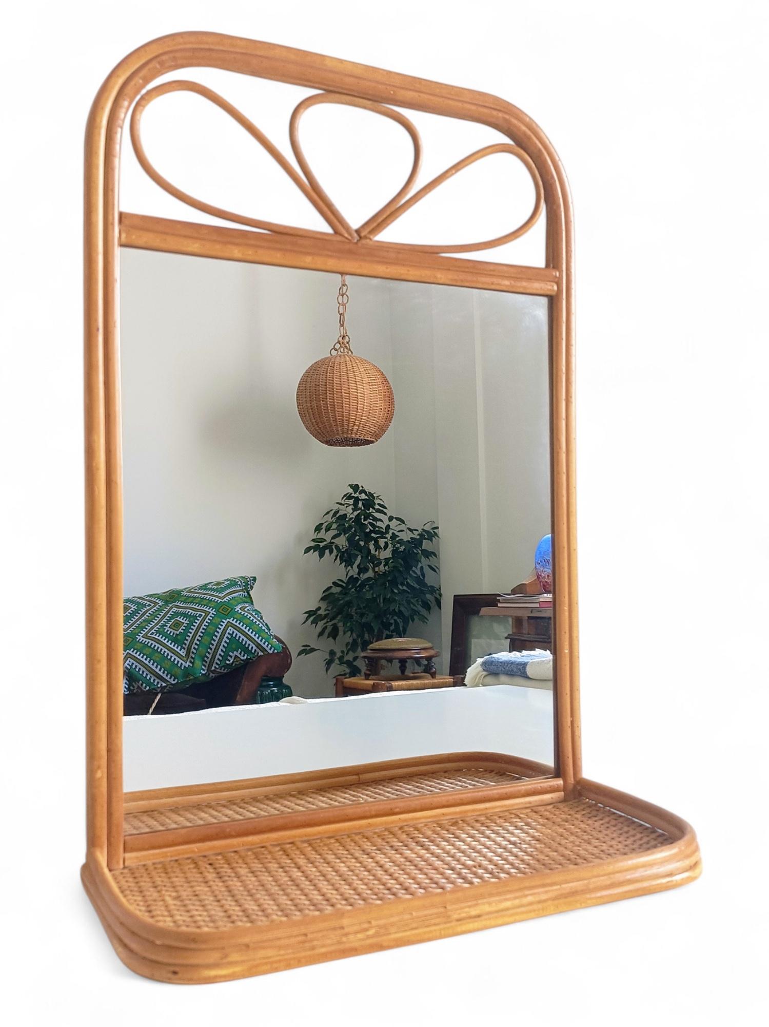 Midcentury French Riviera Rattan and Wicker Mirror with Shelf, Spain, 1960s–70s im Angebot 8