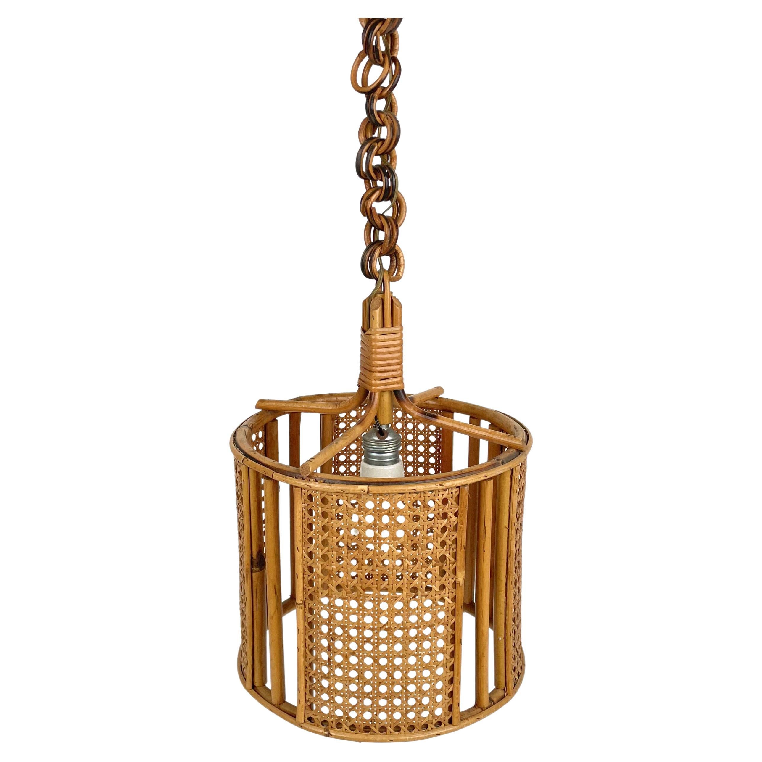 Midcentury French Riviera Rattan and Wicker Pendent, Italy 1960s