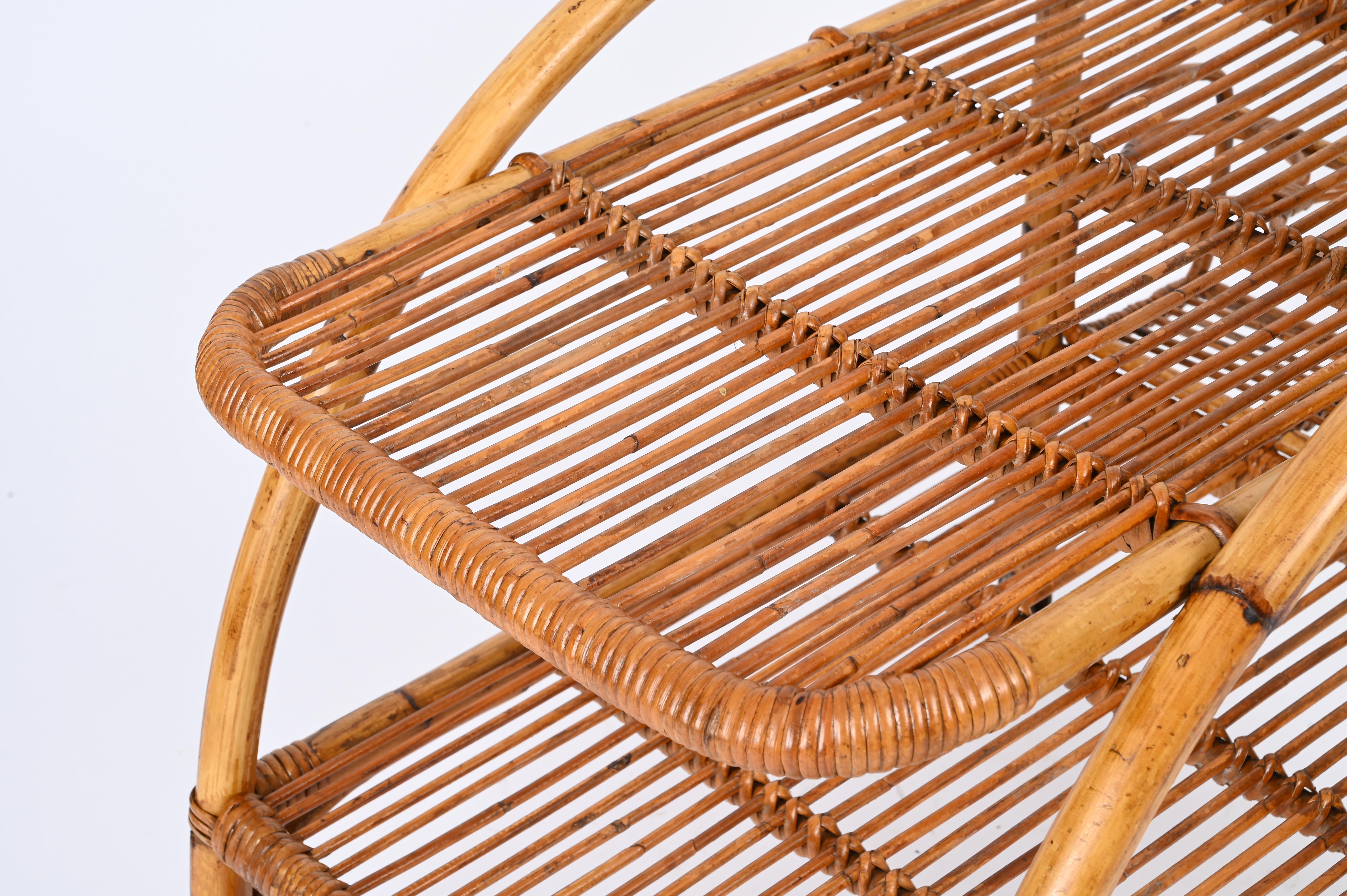 Midcentury French Riviera Rattan and Wicker Serving Bar Cart Trolley, Italy 1960 For Sale 9