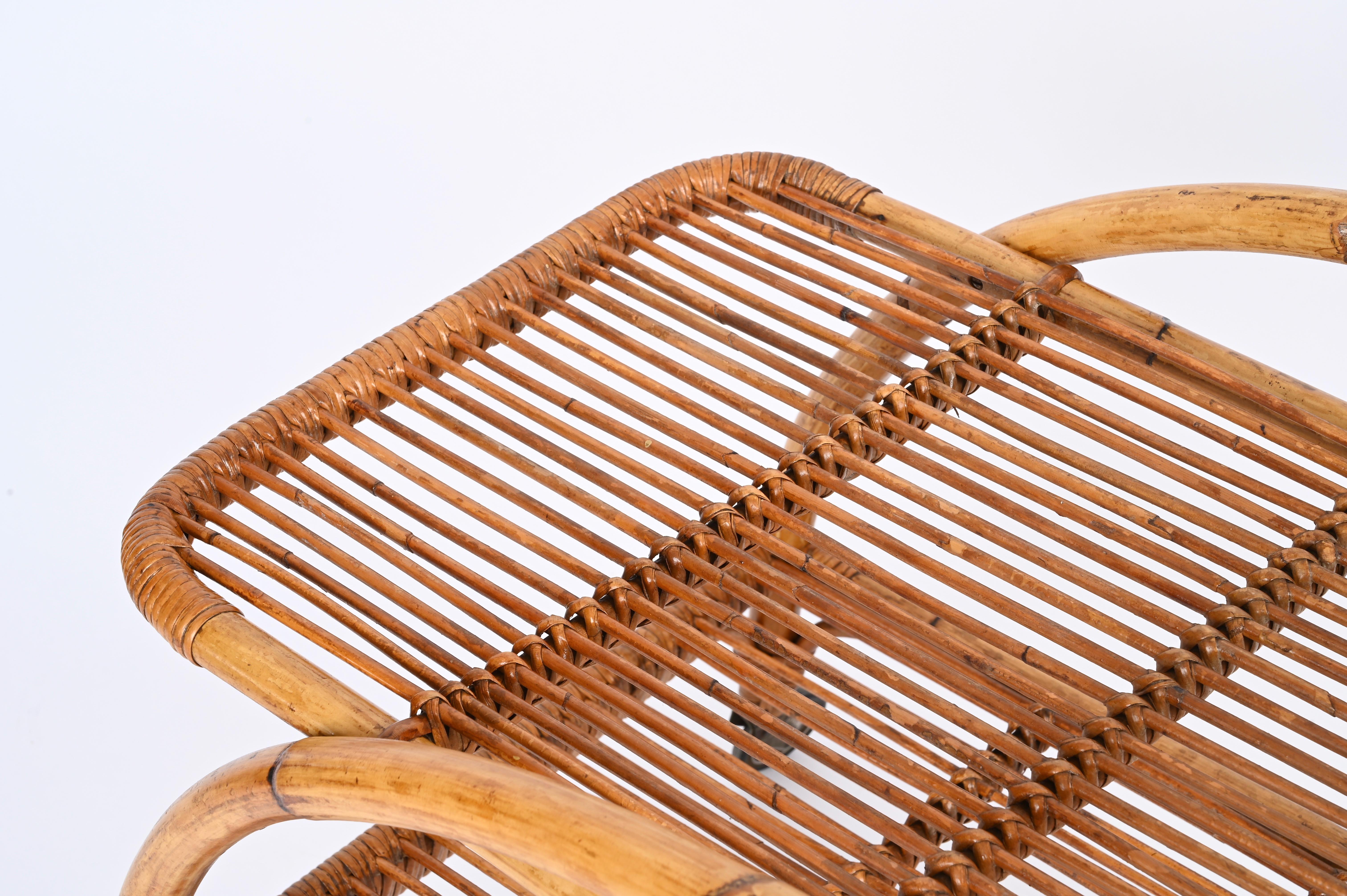 Italian Midcentury French Riviera Rattan and Wicker Serving Bar Cart Trolley, Italy 1960 For Sale