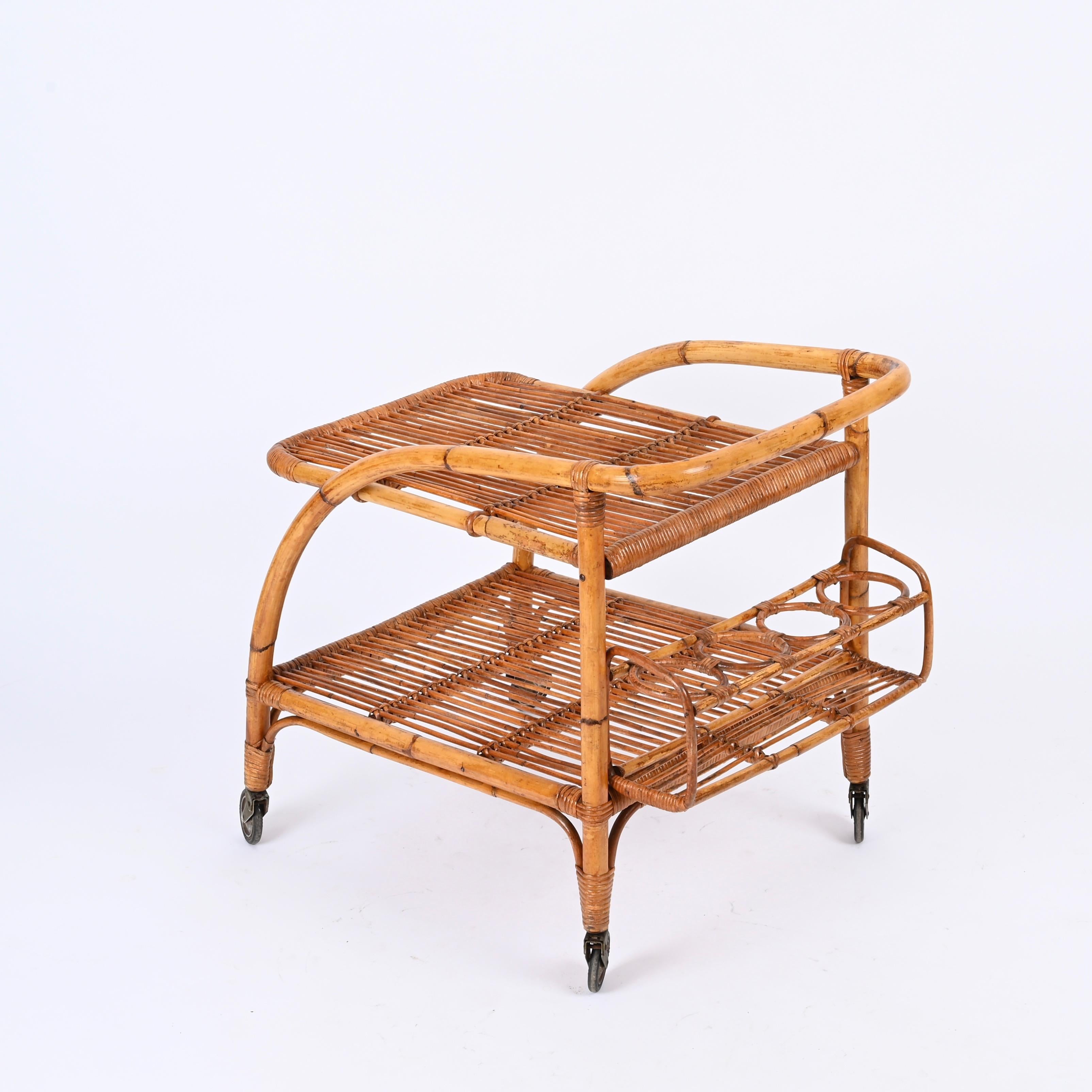 Bamboo Midcentury French Riviera Rattan and Wicker Serving Bar Cart Trolley, Italy 1960 For Sale