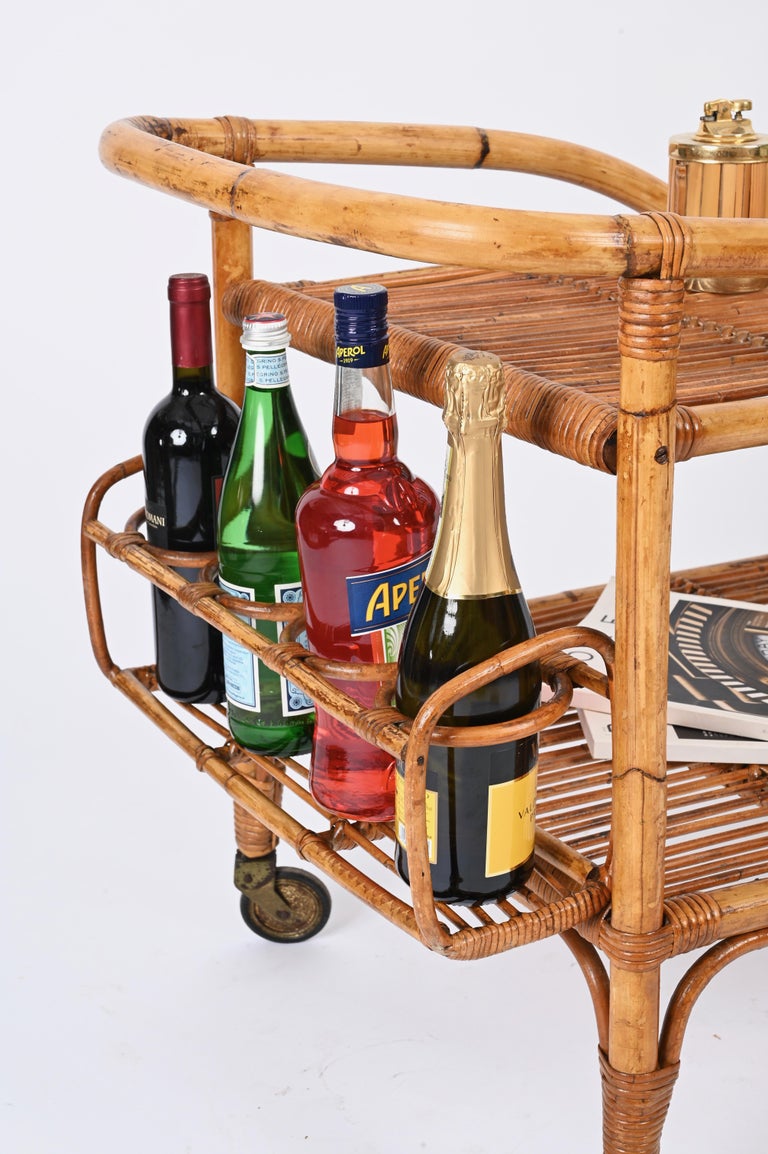Desserte De Bar / Table Roulante Mi-siècle – Bambou Rotin – Vintage Français