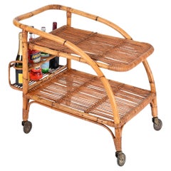 Retro Midcentury French Riviera Rattan and Wicker Serving Bar Cart Trolley, Italy 1960