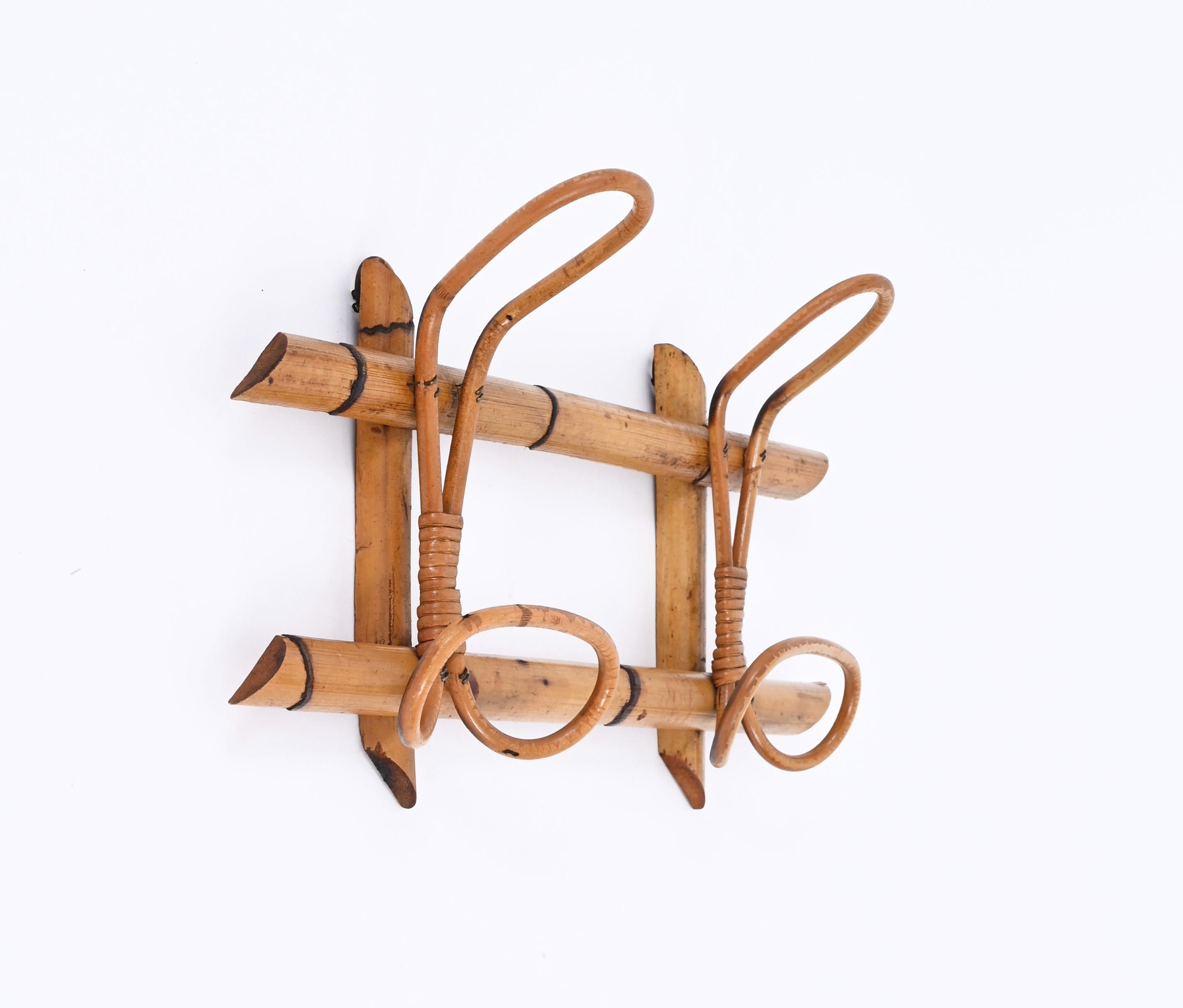 Midcentury French Riviera Rattan, Wicker and Bamboo Canes Coat Rack, Italy 1960s For Sale 5