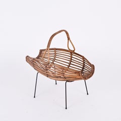 Midcentury French Riviera Rattan, Wicker and Iron Italian Magazine Rack, 1950s