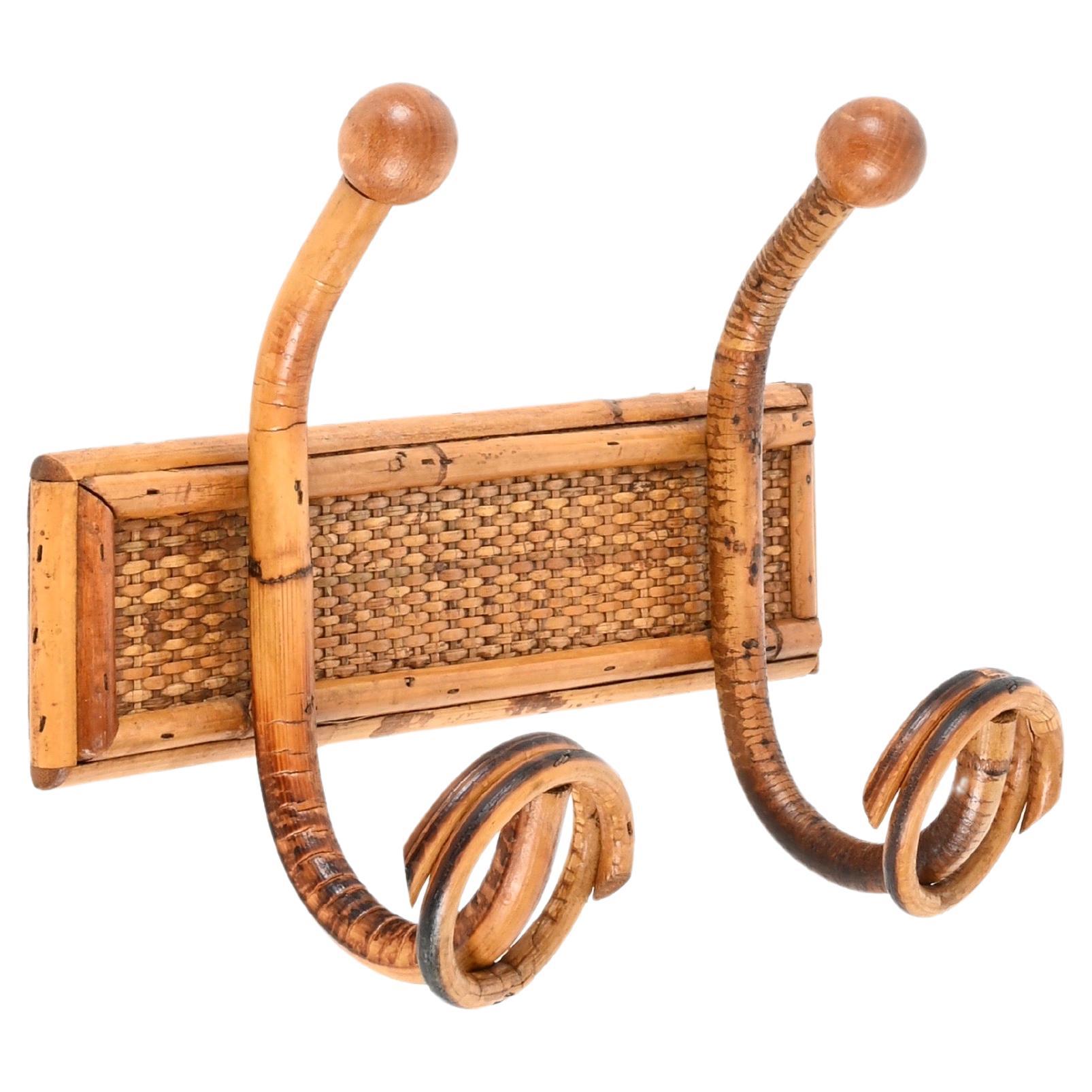 Midcentury French Riviera Rattan, Wicker and Walnut Coat Rack, Italy, 1960s