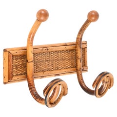 Vintage Midcentury French Riviera Rattan, Wicker and Walnut Coat Rack, Italy, 1960s