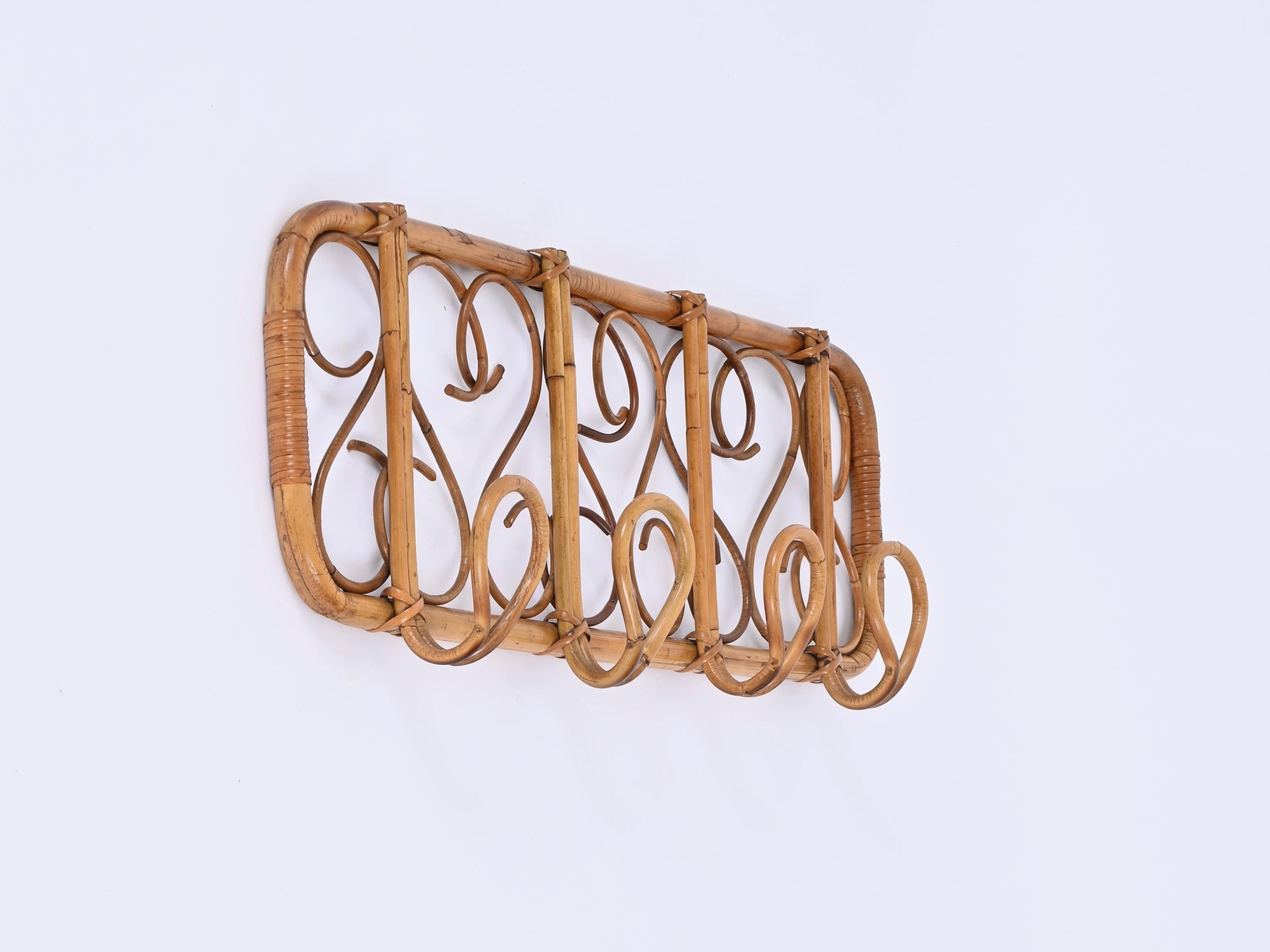 Mid-20th Century Midcentury French Riviera Rattan, Wicker, Curved Bamboo Coat Rack, Italy 1960s For Sale