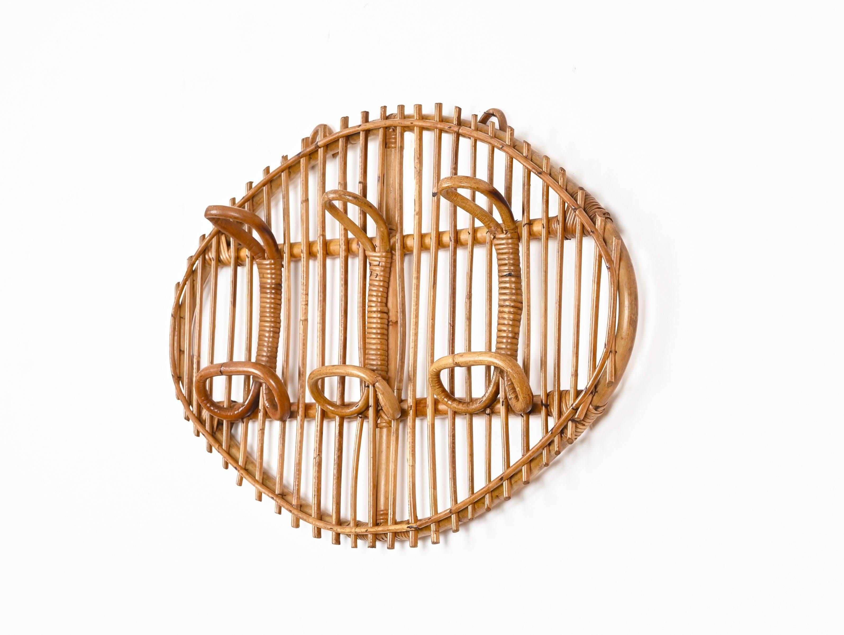Midcentury French Riviera Rattan, Wicker, Curved Bamboo Coat Rack, Italy 1960s For Sale 3