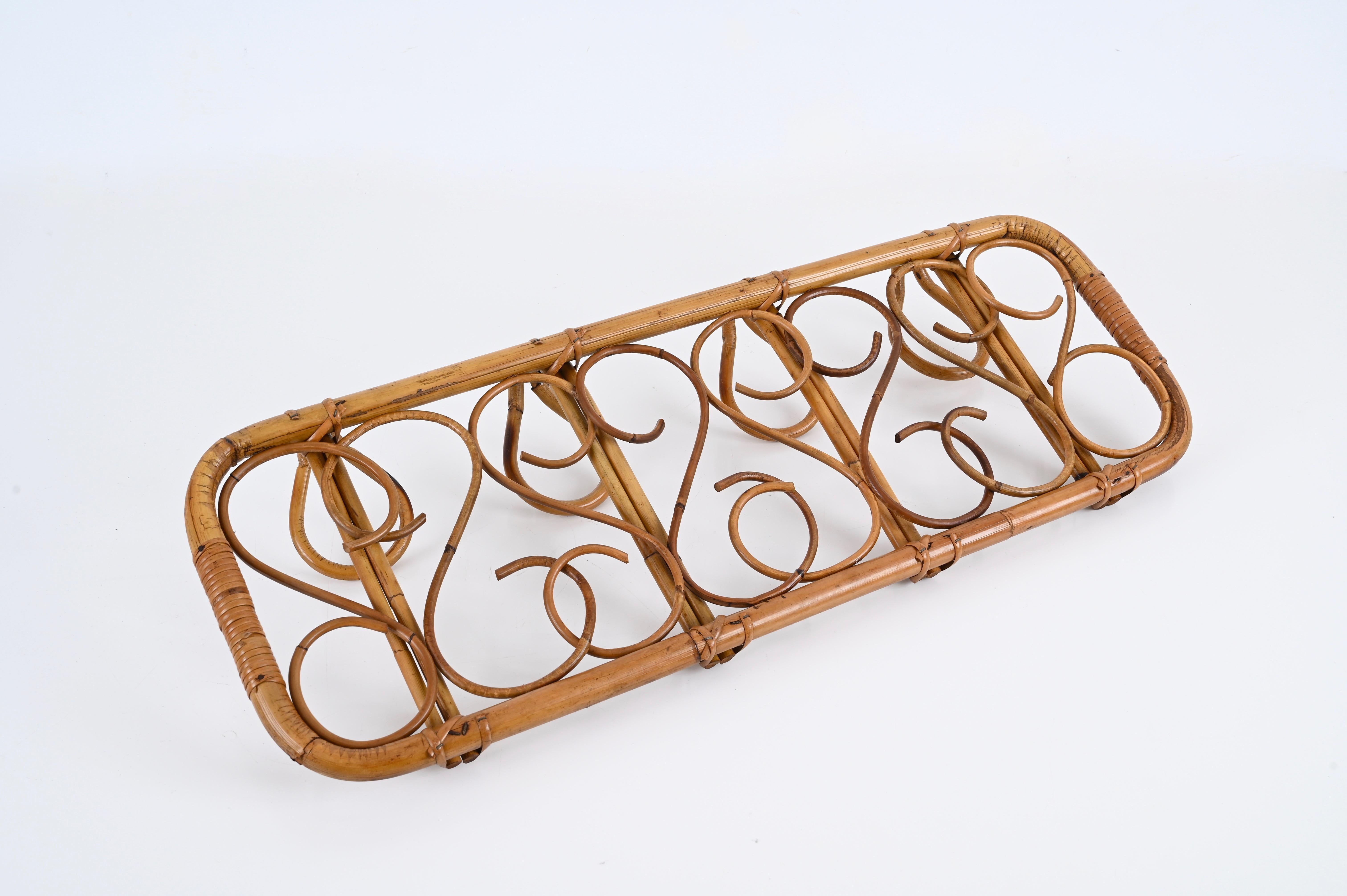Midcentury French Riviera Rattan, Wicker, Curved Bamboo Coat Rack, Italy 1960s For Sale 1