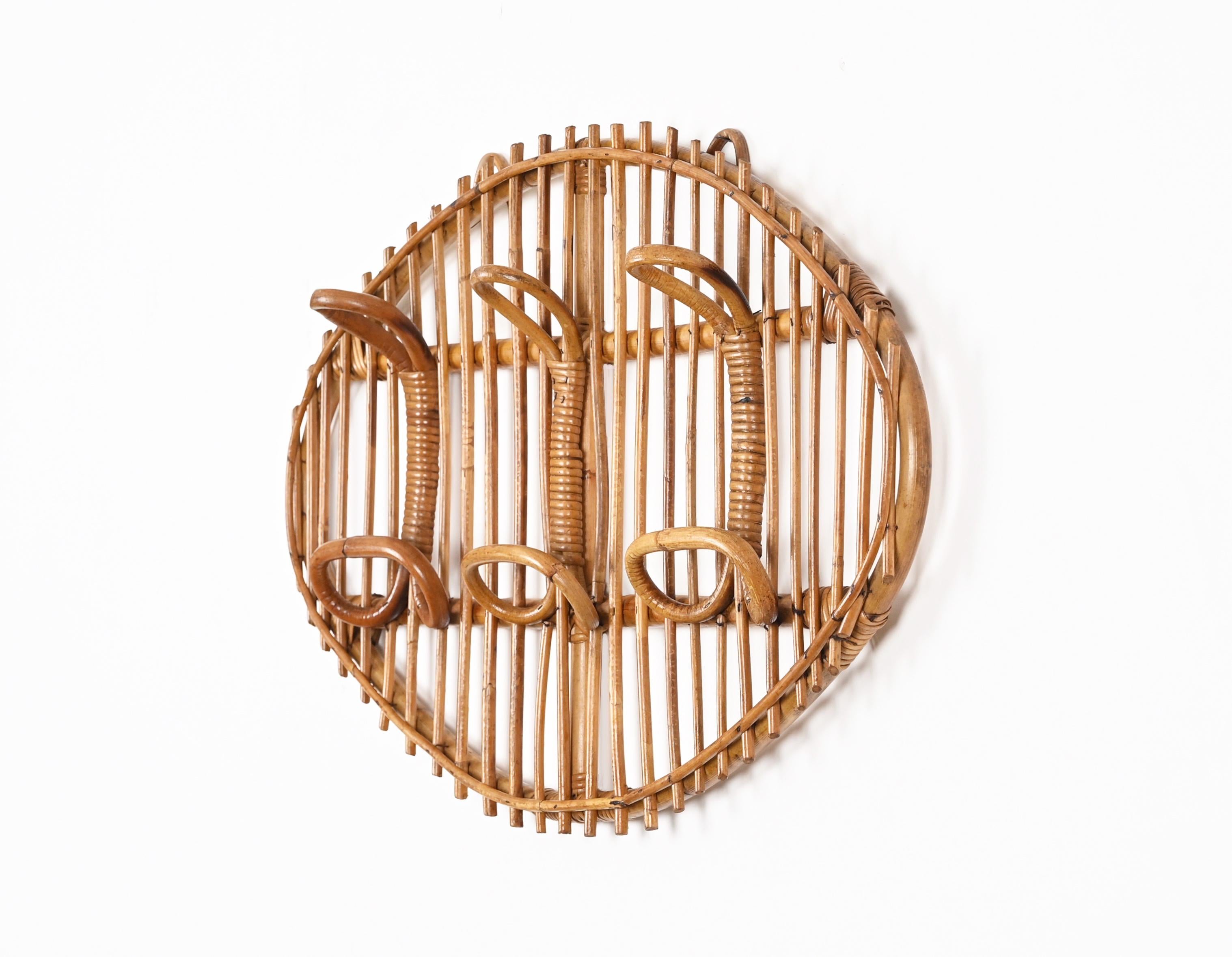 Midcentury French Riviera Rattan, Wicker, Curved Bamboo Coat Rack, Italy 1960s For Sale 4