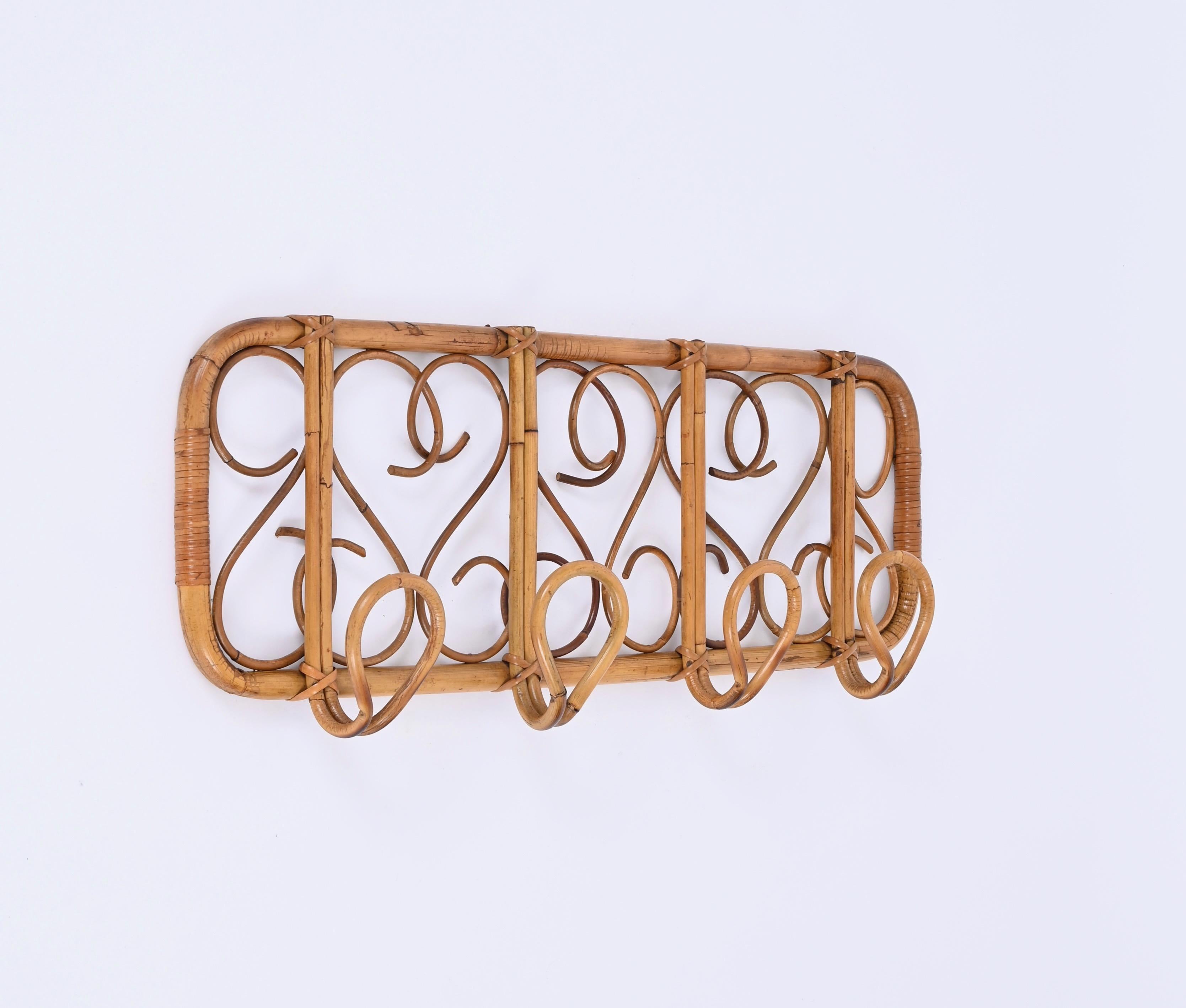 Midcentury French Riviera Rattan, Wicker, Curved Bamboo Coat Rack, Italy 1960s For Sale 4