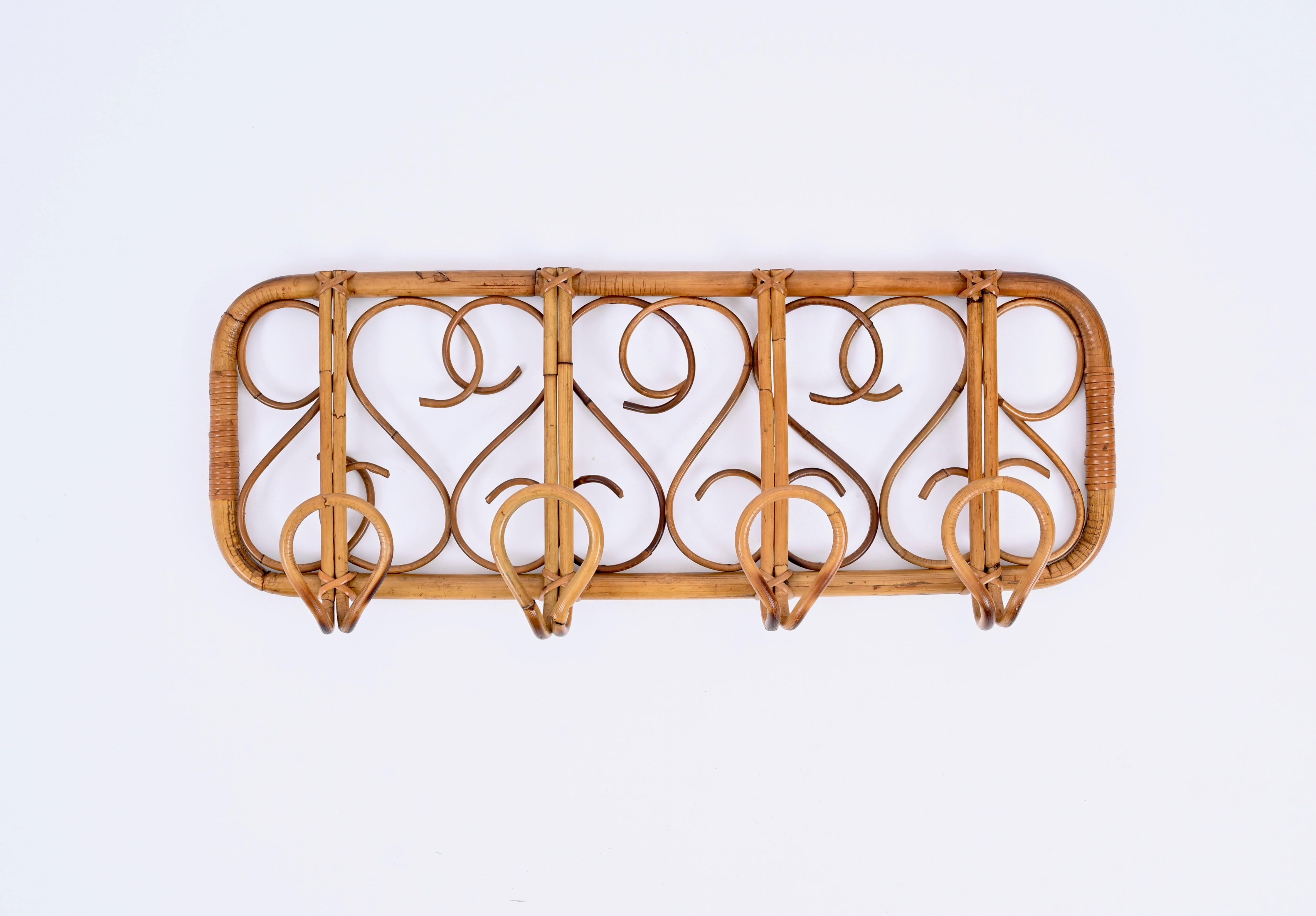 Midcentury French Riviera Rattan, Wicker, Curved Bamboo Coat Rack, Italy 1960s For Sale 5