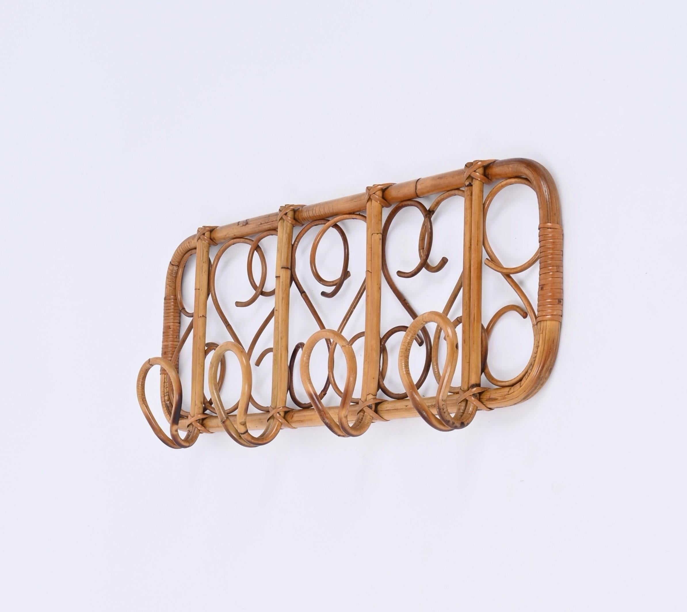 Midcentury French Riviera Rattan, Wicker, Curved Bamboo Coat Rack, Italy 1960s For Sale 6
